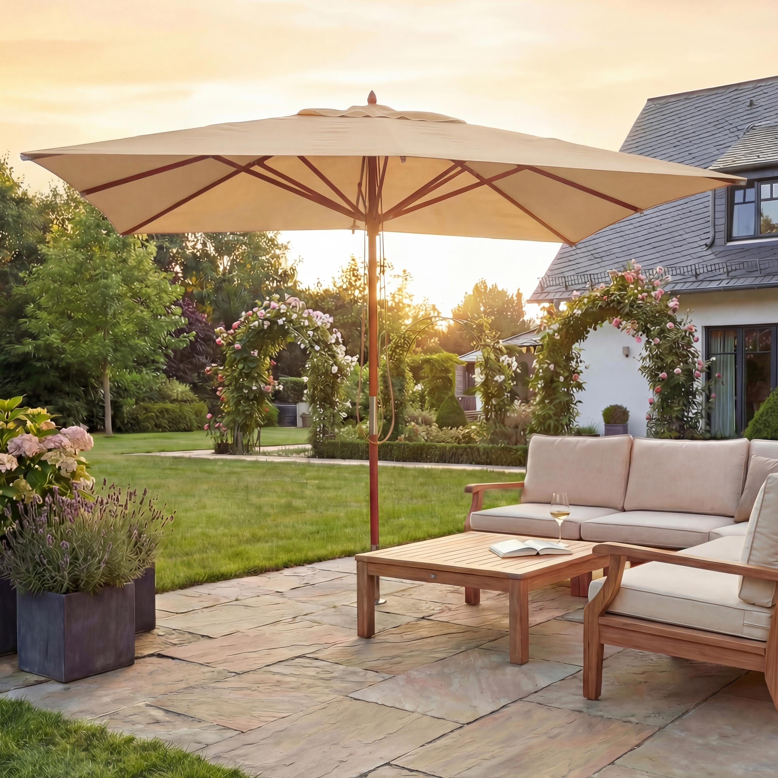 Gastronomie Holz-Sonnenschirm MCW-C57, Gartenschirm, Polyester/Holz 28kg, eckig 4x4m Seilzug sto&szlig;sicher ~ creme 