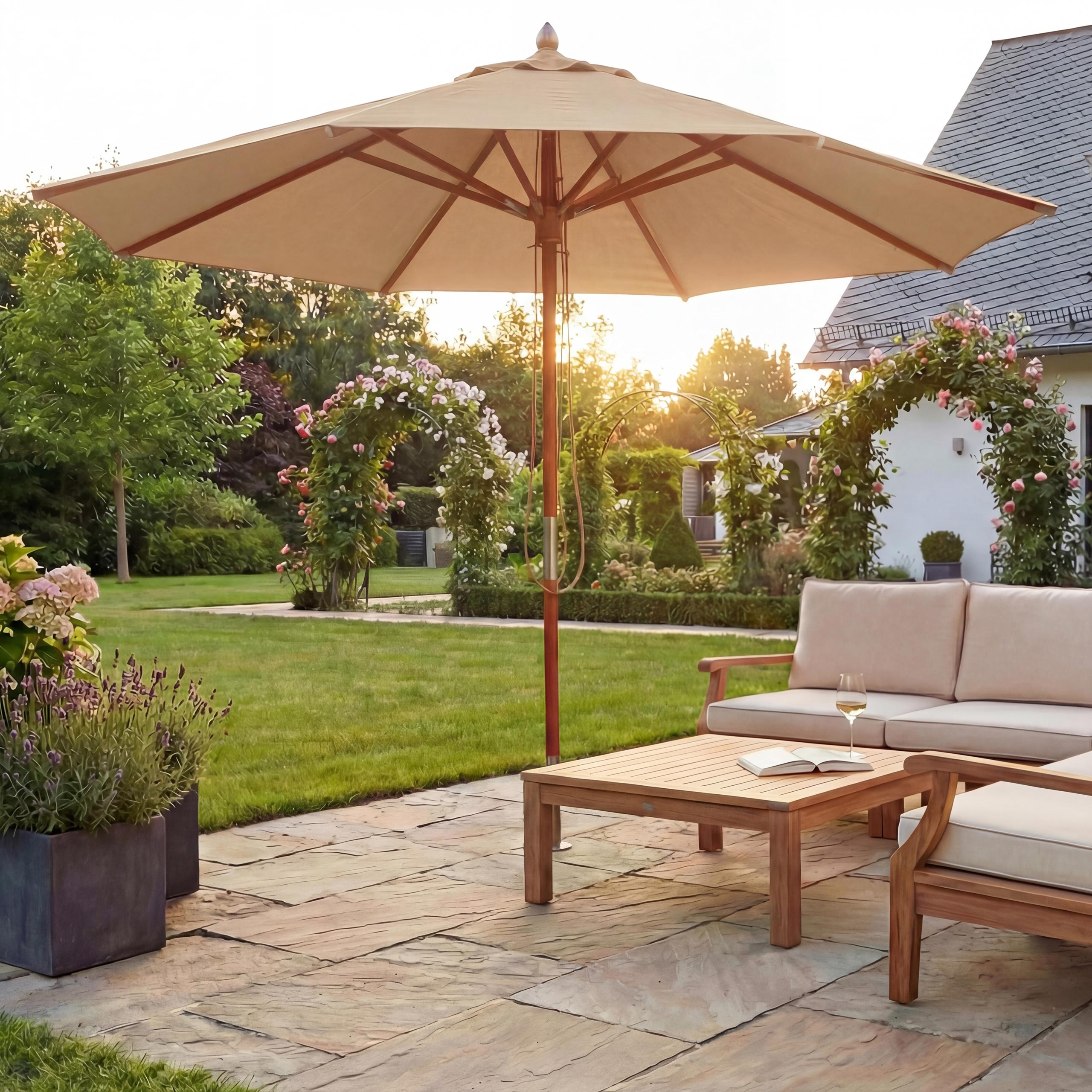 Gastronomie Holz-Sonnenschirm MCW-C57, Gartenschirm, Polyester/Holz 16kg, rund &Oslash;4m Seilzug sto&szlig;sicher ~ creme 