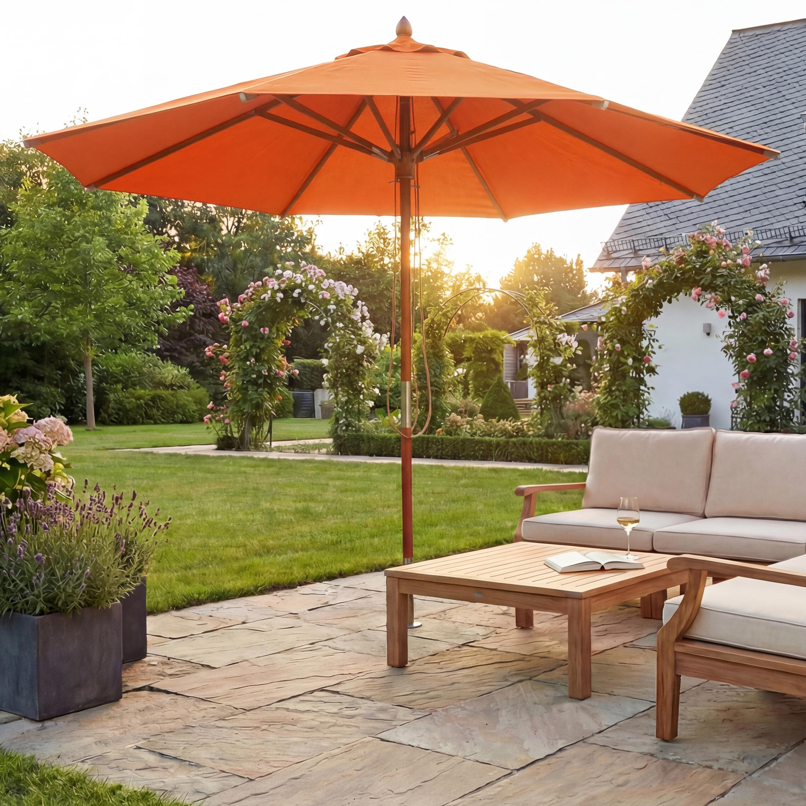 Gastronomie Holz-Sonnenschirm MCW-C57, Gartenschirm, Polyester/Holz 16kg, rund &Oslash;4m Seilzug sto&szlig;sicher ~ terracotta 