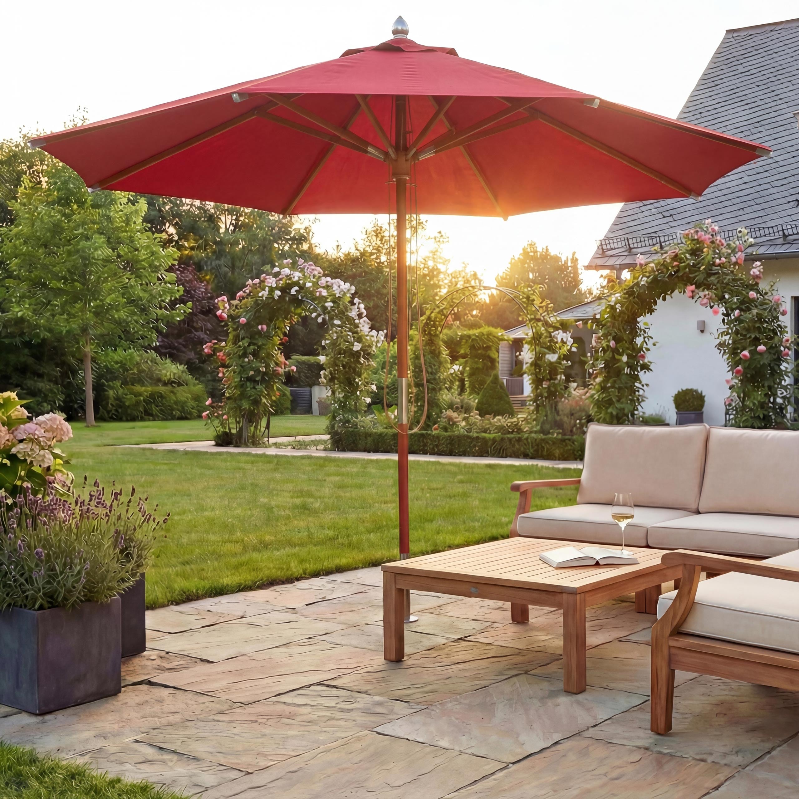 Gastronomie Holz-Sonnenschirm MCW-C57, Gartenschirm, Polyester/Holz 16kg, rund &Oslash;4m Seilzug sto&szlig;sicher ~ bordeaux 