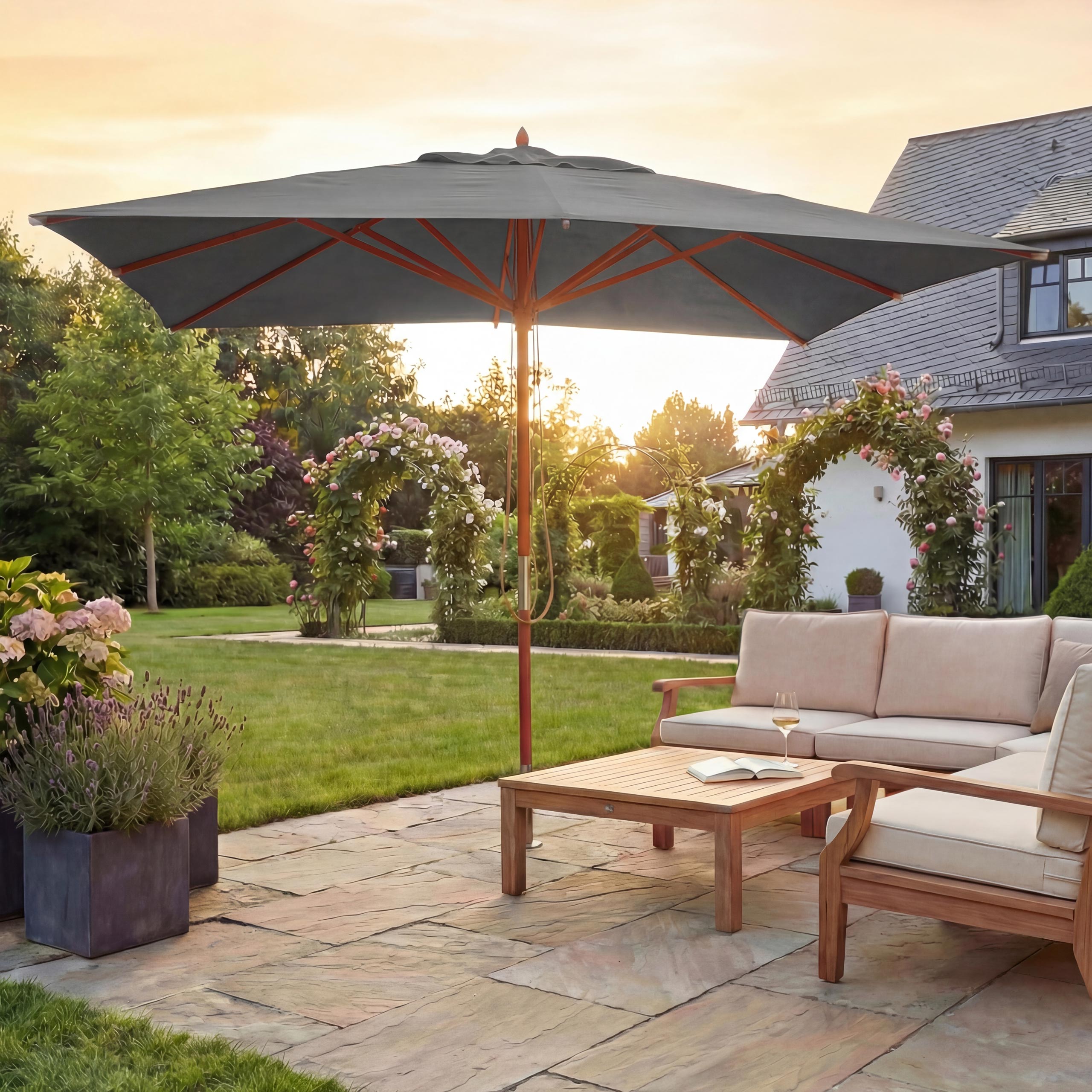 Gastronomie Holz-Sonnenschirm MCW-C57, Gartenschirm, Polyester/Holz 14kg, eckig 3x3m Seilzug sto&szlig;sicher ~ anthrazit 