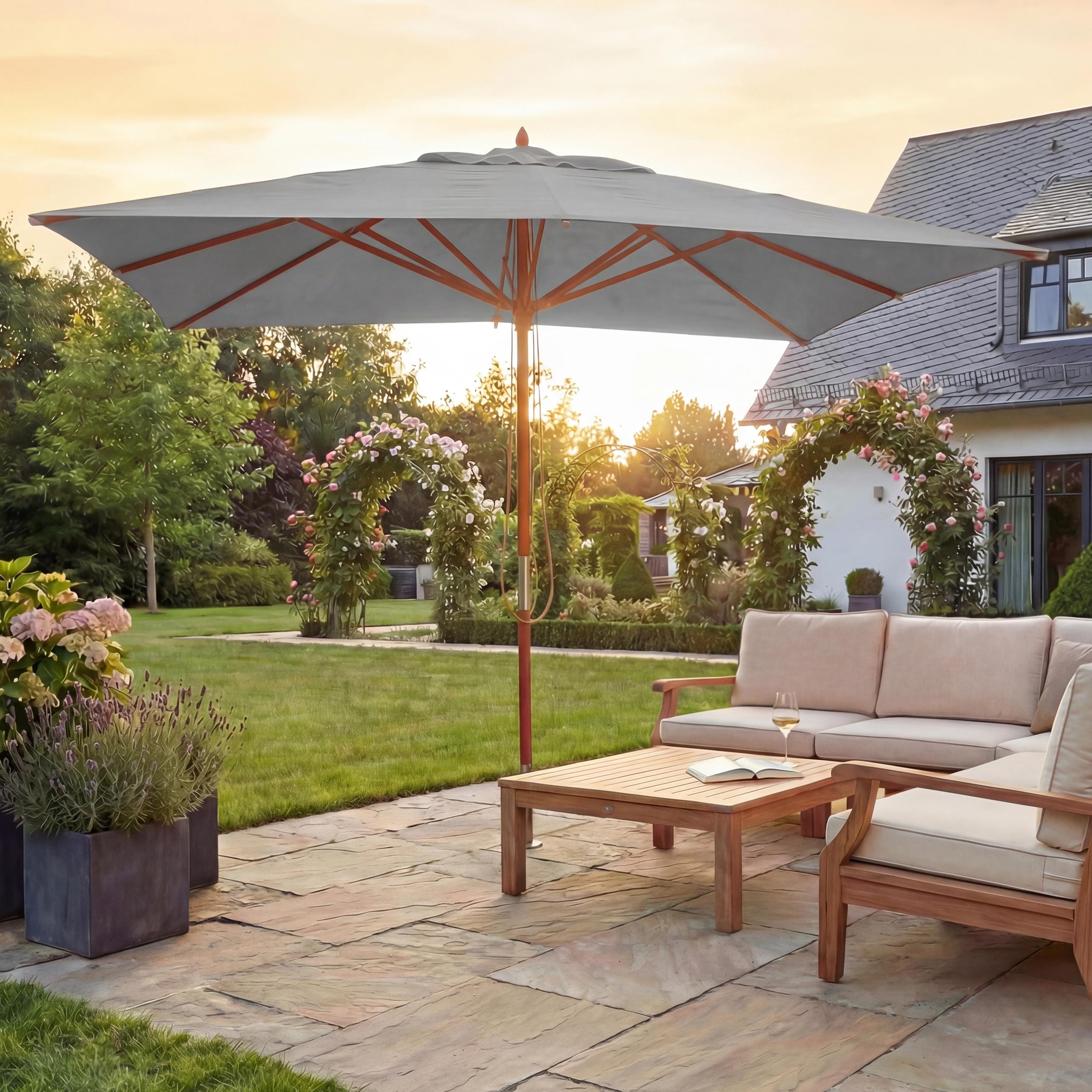 Gastronomie Holz-Sonnenschirm MCW-C57, Gartenschirm, Polyester/Holz 14kg, eckig 3x3m Seilzug sto&szlig;sicher ~ hellgrau 