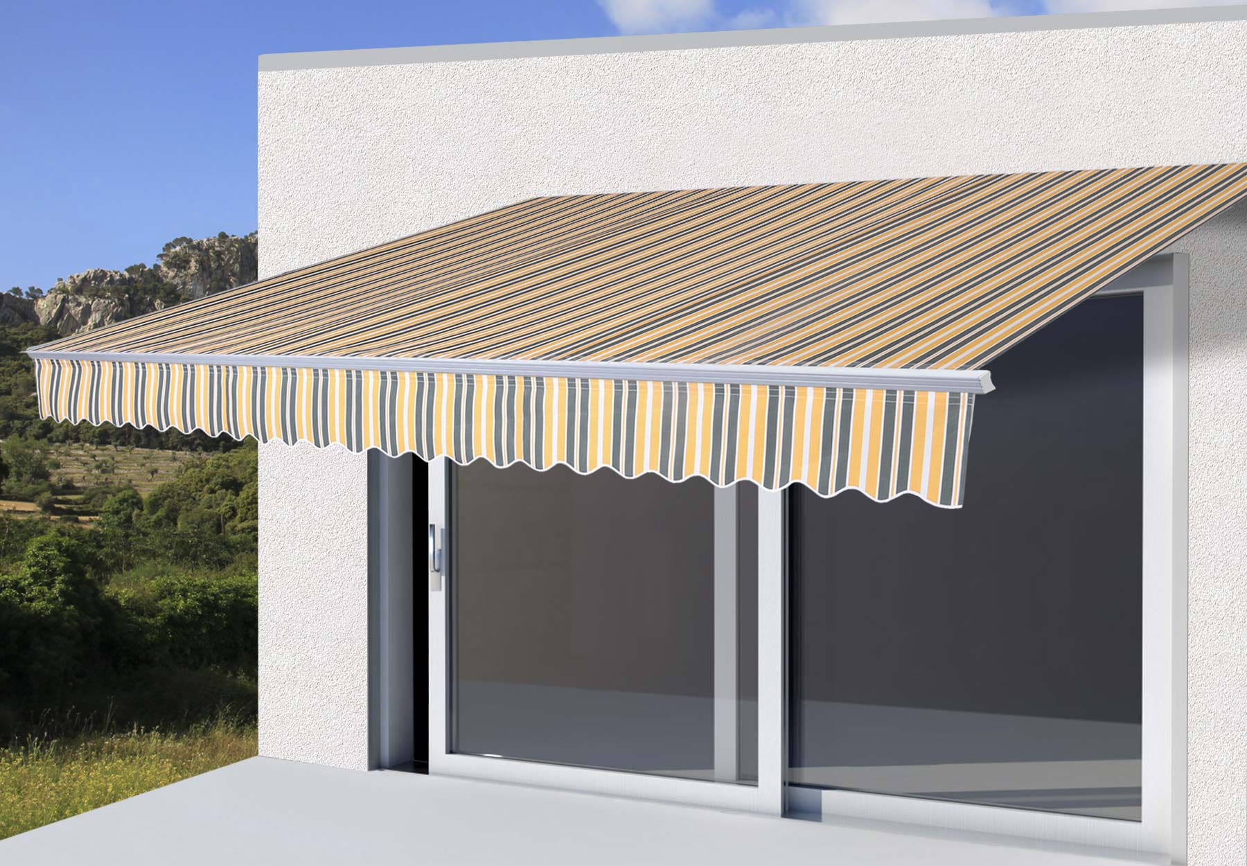 Alu-Markise MCW-E49, Gelenkarmmarkise Sonnenschutz 2,5x2m ~ Polyester grau-gelb gestreift 