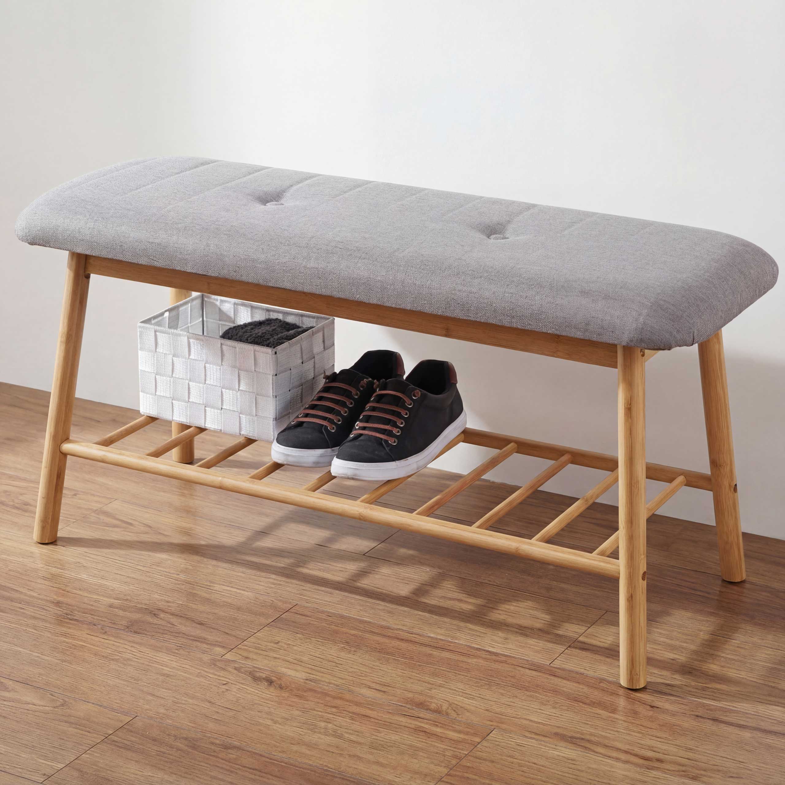 Sitzbank Schuhregal MCW-D90, Polsterbank Bank Schuhablage, Bambus 44x90x34cm 