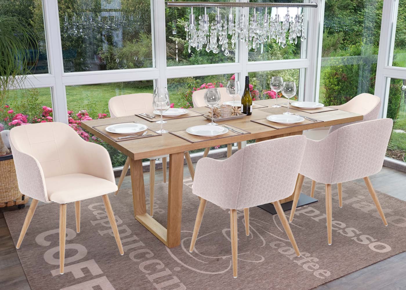 6er-Set Esszimmerstuhl MCW-D71, Stuhl K&uuml;chenstuhl, Retro Design, Armlehnen Stoff/Textil ~ creme-beige 