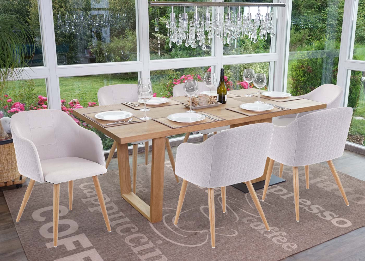 6er-Set Esszimmerstuhl MCW-D71, Stuhl K&uuml;chenstuhl, Retro Design, Armlehnen Stoff/Textil ~ hellgrau-grau 