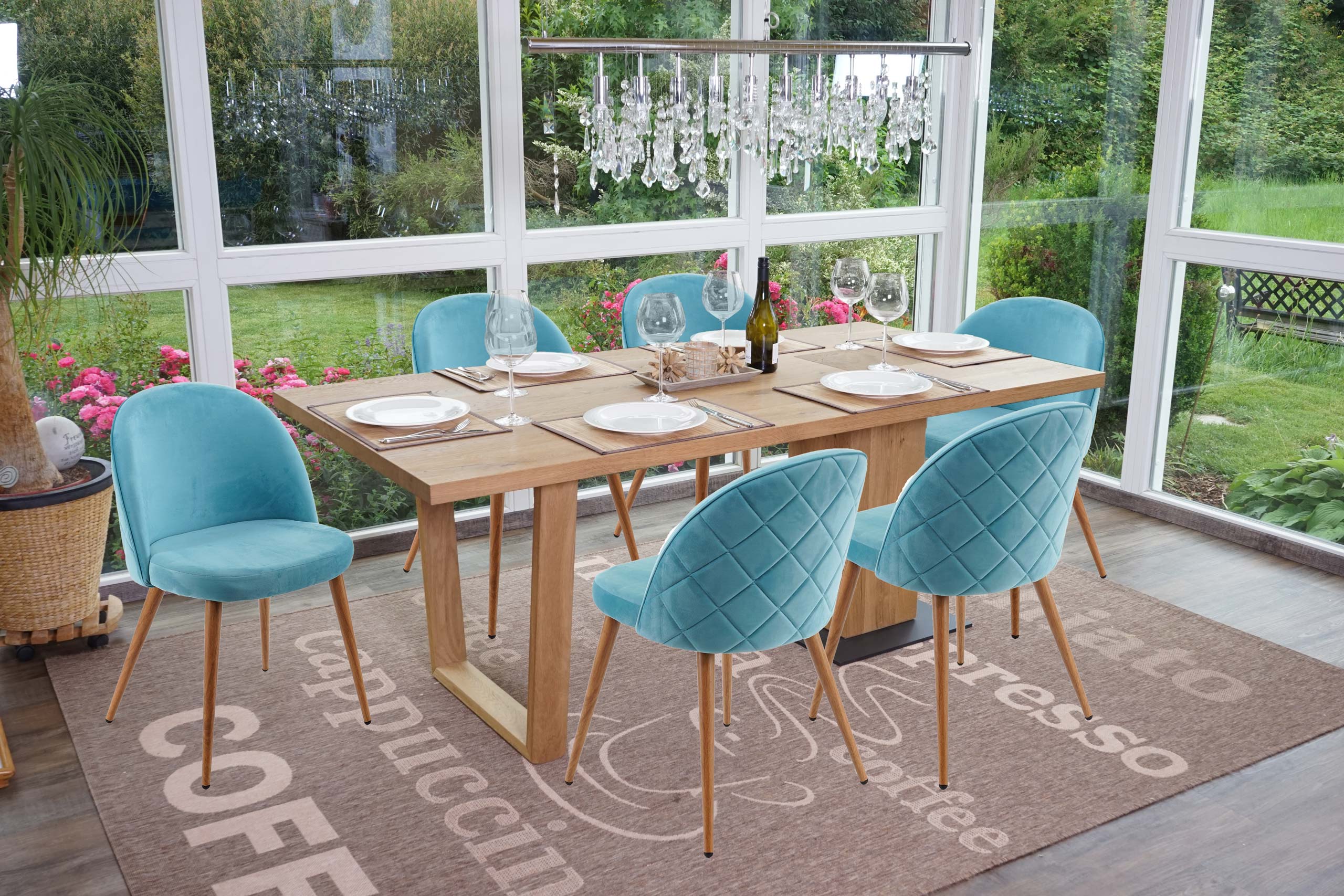 6er-Set Esszimmerstuhl MCW-D53, Stuhl K&uuml;chenstuhl, Retro 50er Jahre Design Samt ~ t&uuml;rkis 