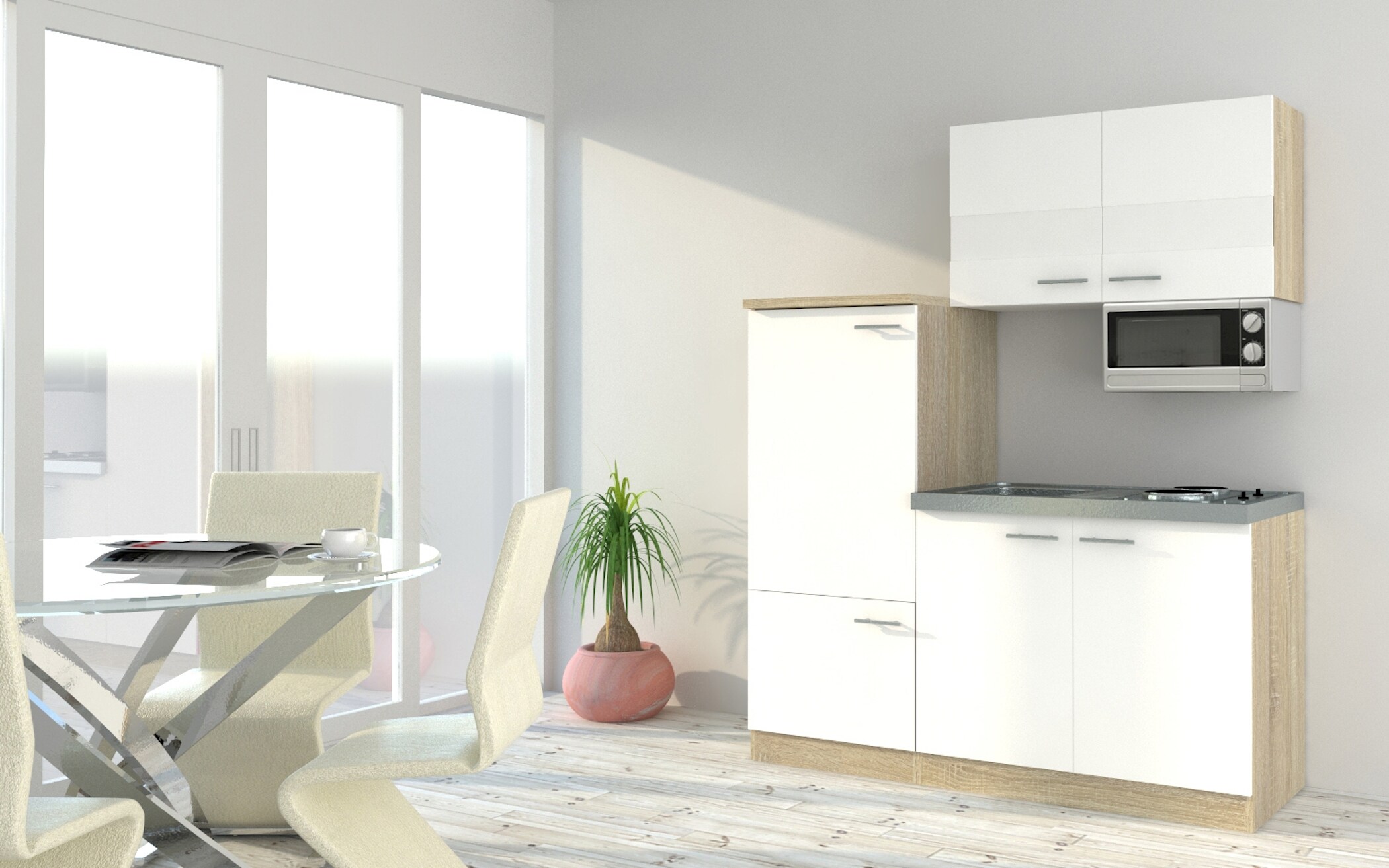 Respekta Economy K&uuml;chenzeile KB160ESWMI 160 cm, Wei&szlig; mit Mikrowelle 