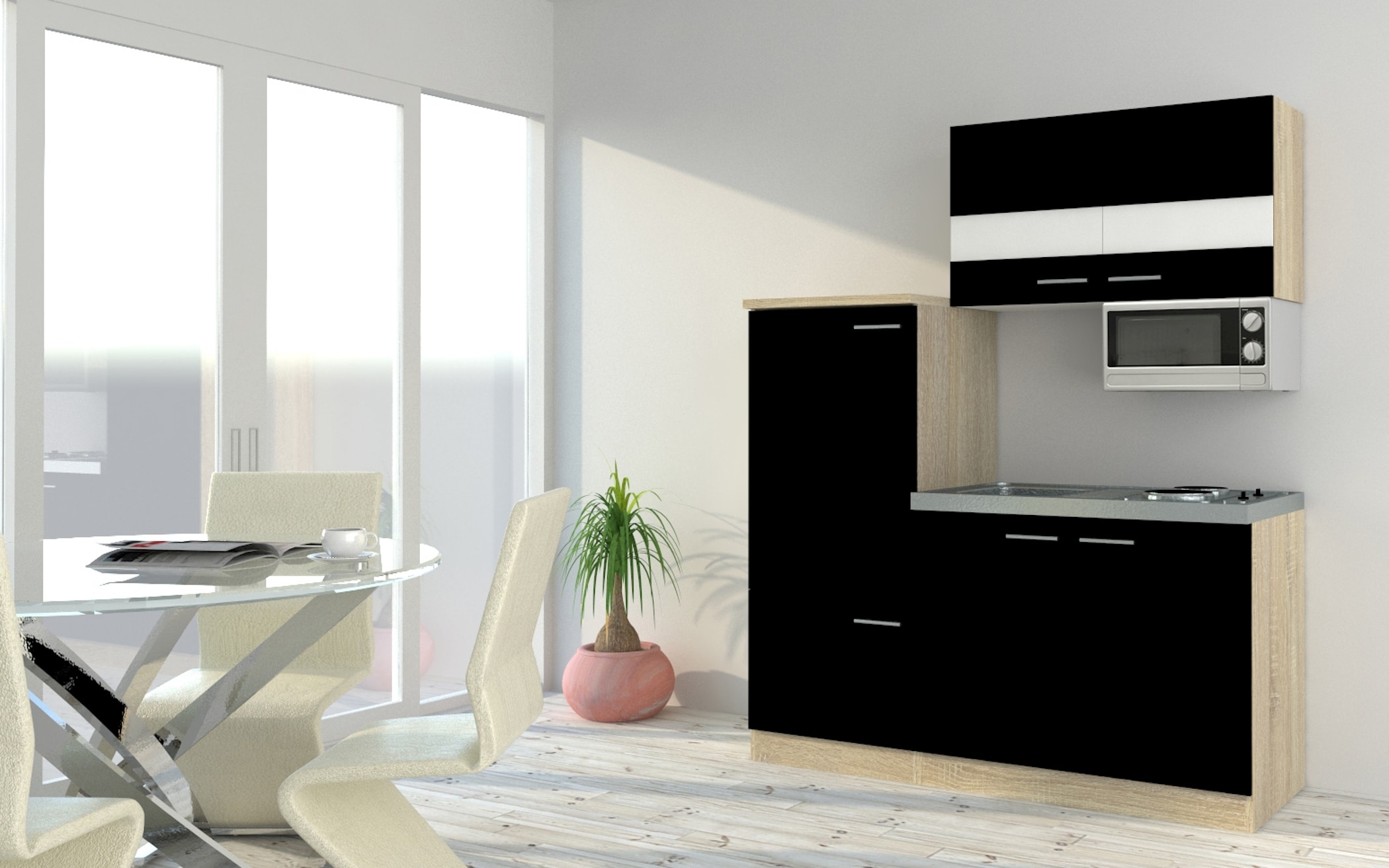 Respekta Economy Küchenzeile KB160ESSMI 160 cm, Schwarz mit Mikrowelle