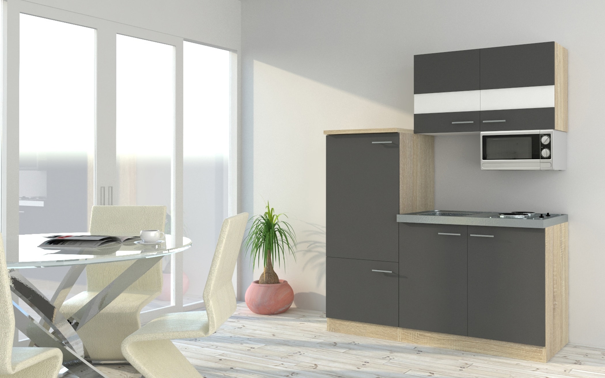 Respekta Economy Küchenzeile KB160ESGMI 160 cm, Grau mit Mikrowelle