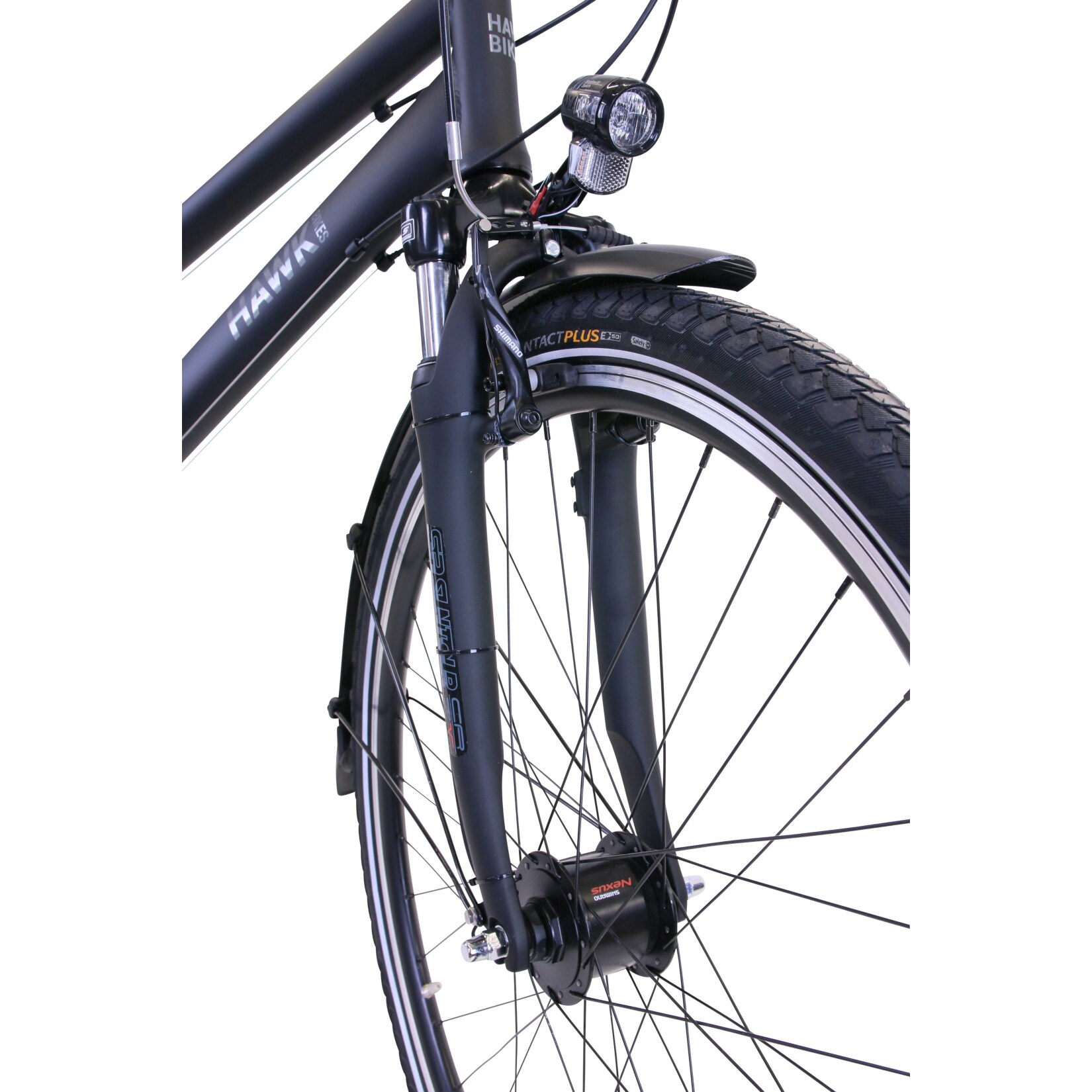 Vélo Trekking Femme HAWK Lady Premium - 24 Vitesses Shimano - Fourche Suspension - Éclairage LED