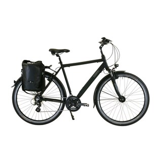 HAWK Trekking Premium Fahrrad, inkl. Tasche – Black Herren 28 Zoll – Rahmenhöhe 52 cm - Fahrrad mit Microshift 24 Gang Kettenschaltung & Beleuchtung I Allrounder I Schwarz 