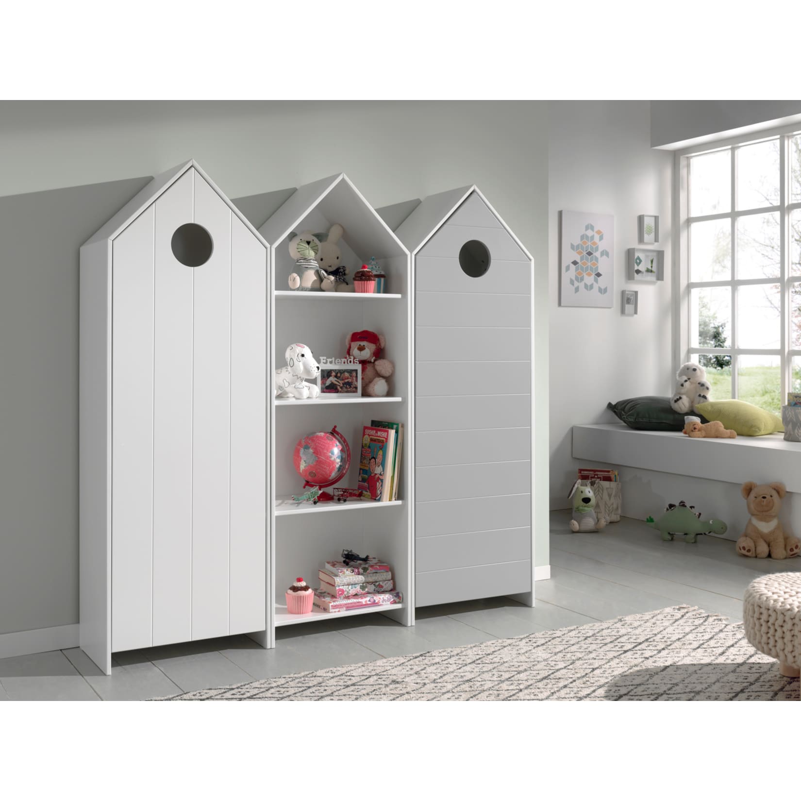 Vipack CASAMI Set 3-teilig - 1x Schrank 1-t&uuml;rig mit Front in Wei&szlig;, 1x Regalschrank, 1x Schrank 1-t&uuml;rig mit Front in Grau 