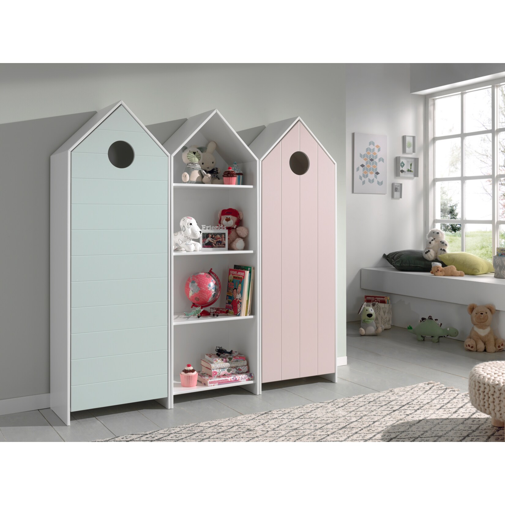 Vipack CASAMI Set 3-teilig - 1x Schrank 1-türig mit Front in Pink, 1x Regalschrank, 1x Schrank 1-türig mit Front in Mint