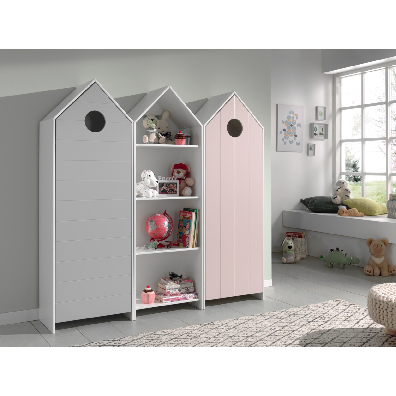 Vipack CASAMI Set 3-teilig - 1x Schrank 1-t&uuml;rig mit Front in Pink, 1x Regalschrank, 1x Schrank 1-t&uuml;rig mit Front in Grau 