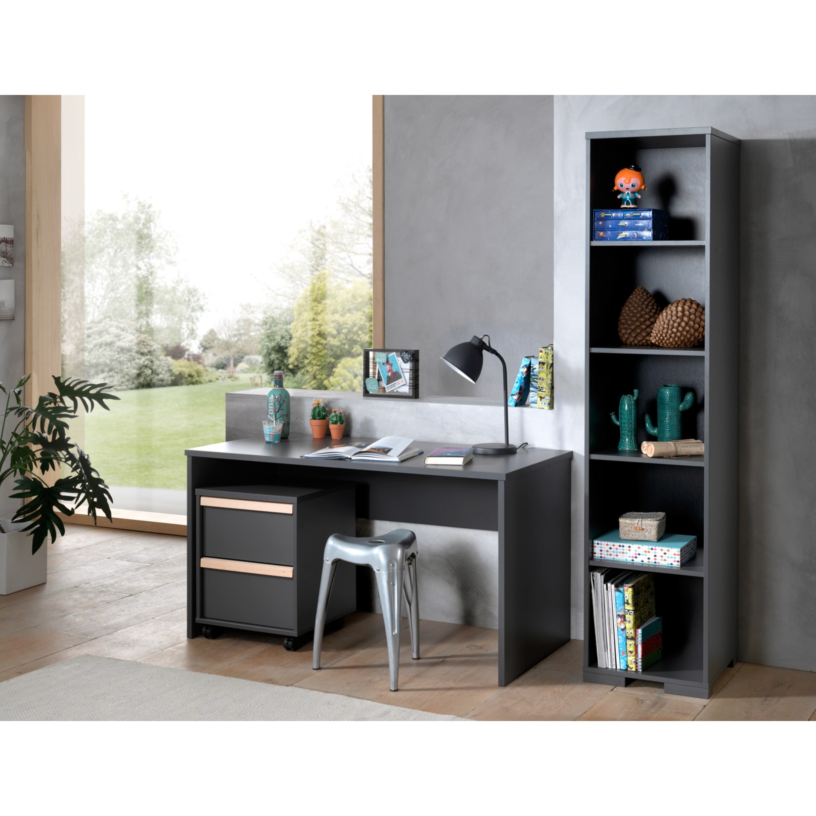 Vipack LONDON - Jugendzimmer Set 3-teilig, 1x Schreibtisch, 1x Rollcontainer, 1x Regal, Dekor Anthrazit, Absatz Buche natur massiv 