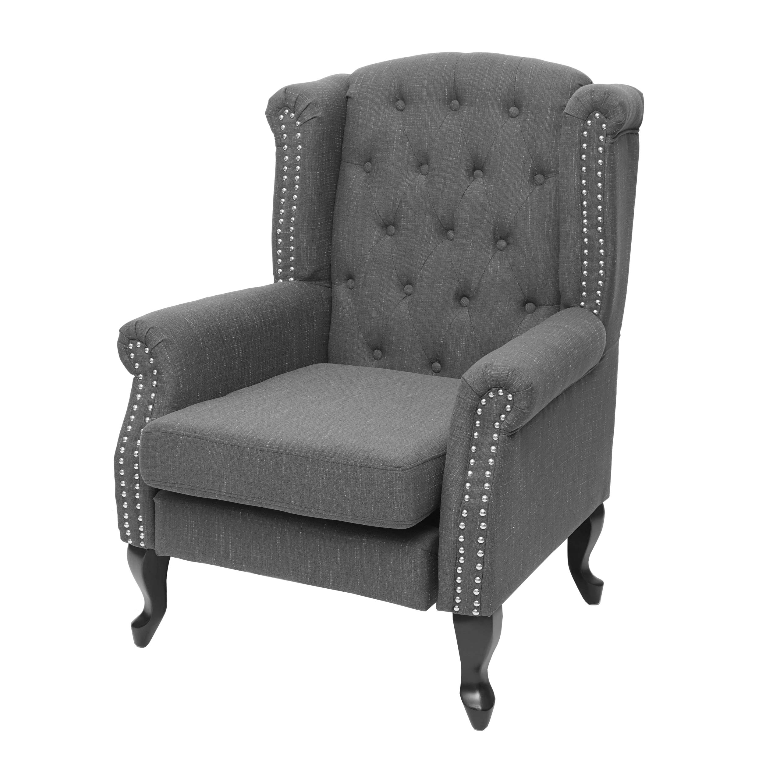 Sessel Chesterfield Oxford, Relaxsessel Clubsessel Ohrensessel, wasserabweisend Stoff/Textil ~ dunkelgrau ohne Ottomane 