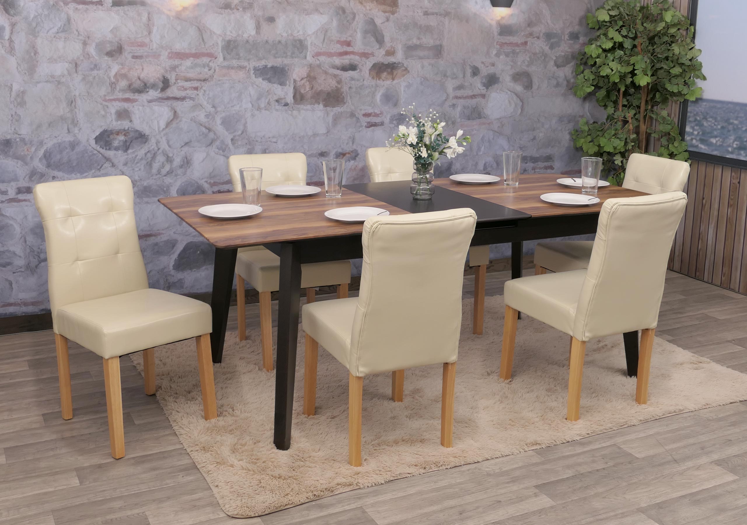 6er-Set Esszimmerstuhl MCW-E58, Stuhl Essst&uuml;hle ~ Kunstleder creme, helle Beine 