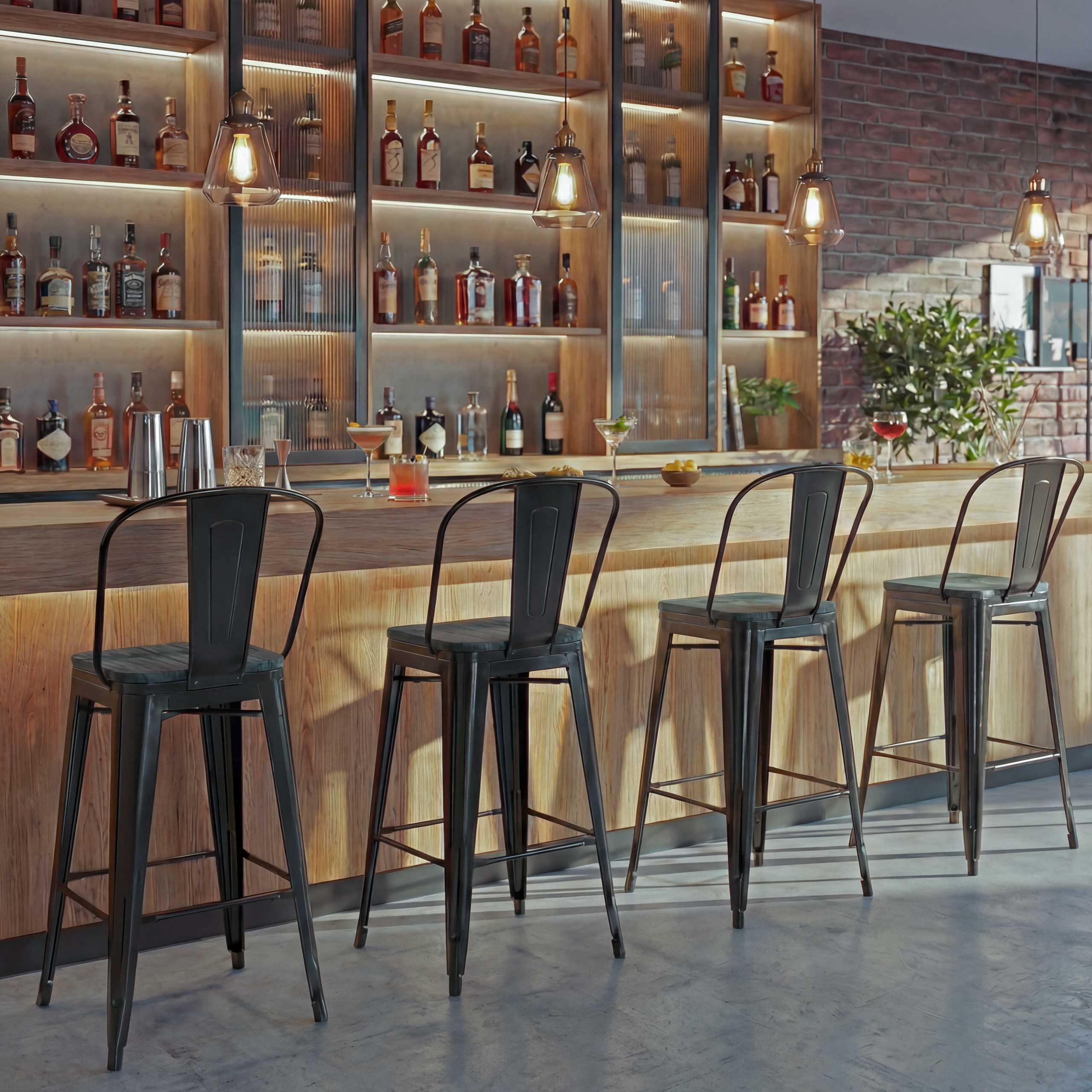 4er-Set Barhocker MCW-A73 inkl. Holz-Sitzfl&auml;che, Barstuhl Tresenhocker mit Lehne, Metall Industriedesign ~ schwarz 