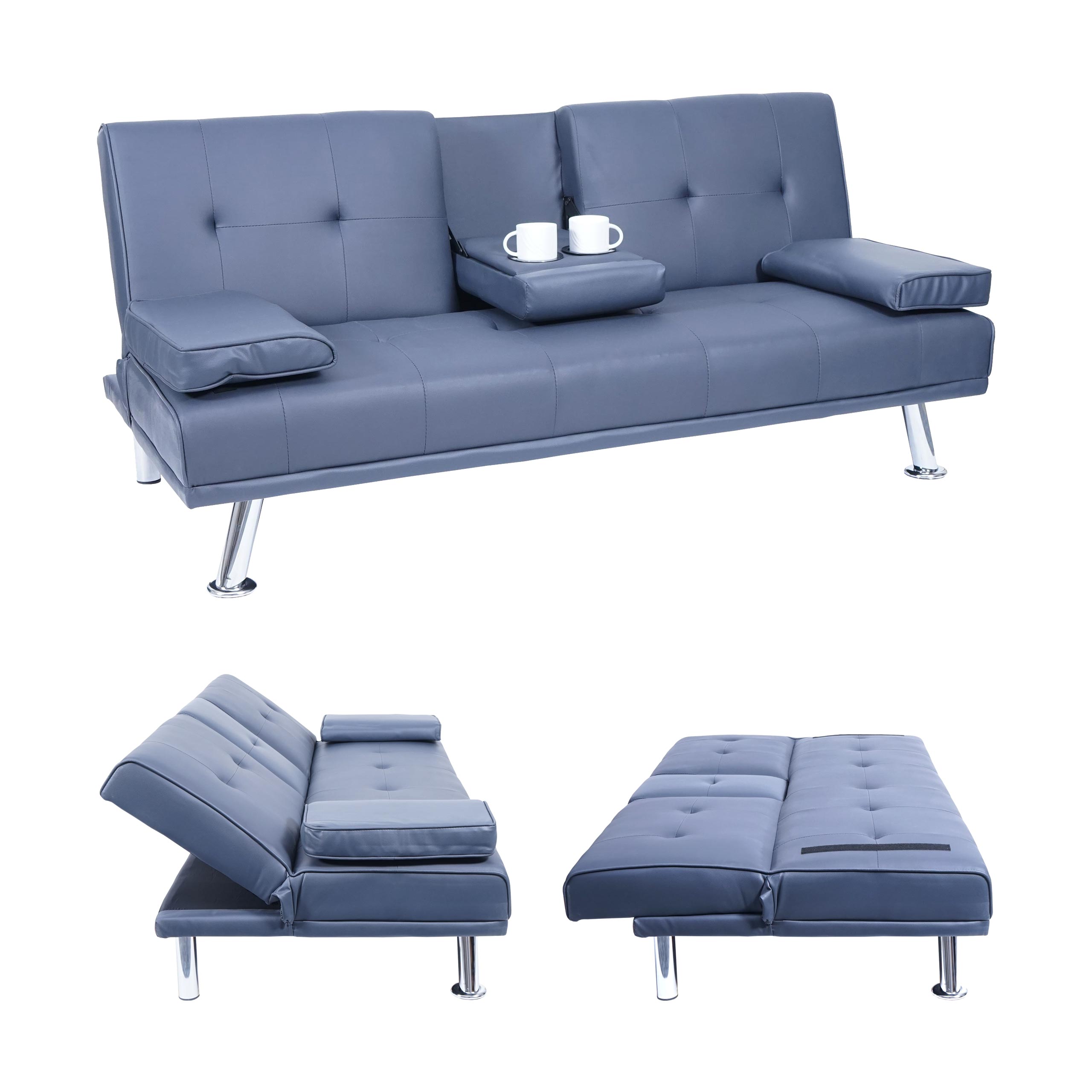 3er-Sofa MCW-F60, Couch Schlafsofa G&auml;stebett, Tassenhalter verstellbar 97x166cm ~ Kunstleder, dunkelblau 
