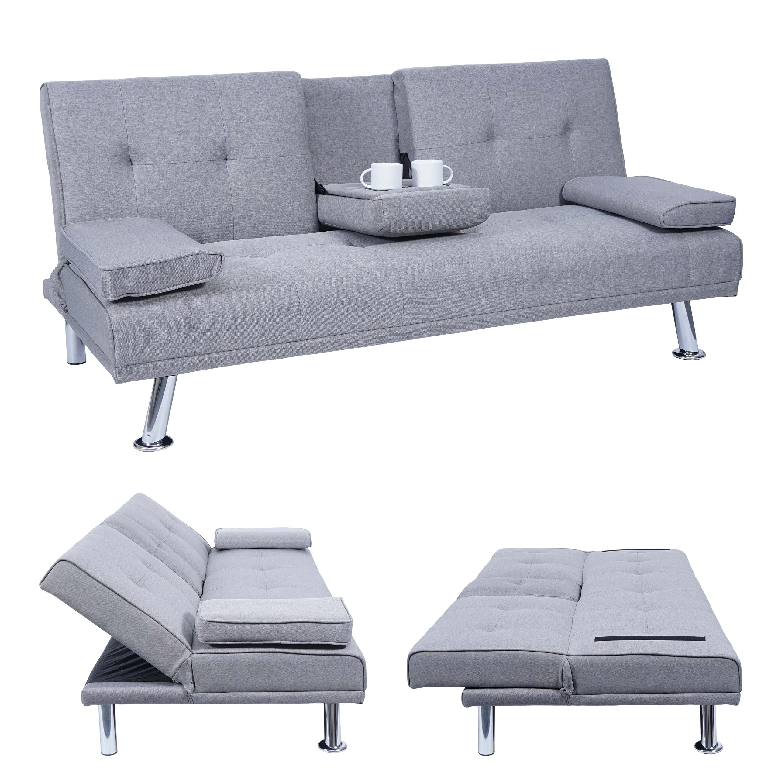 3er-Sofa MCW-F60, Couch Schlafsofa G&auml;stebett, Tassenhalter verstellbar 97x166cm ~ Textil, hellgrau 