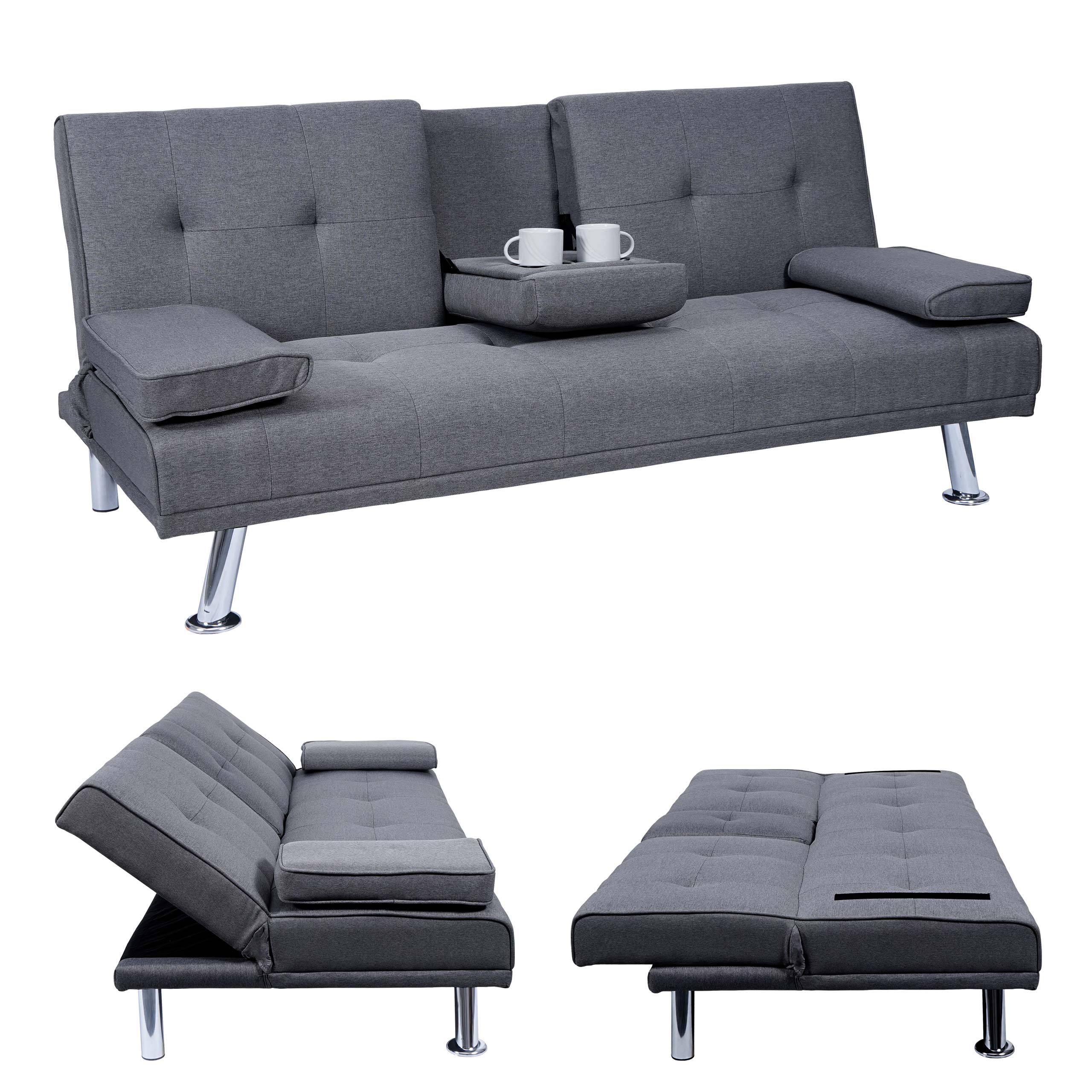3er-Sofa MCW-F60, Couch Schlafsofa G&auml;stebett, Tassenhalter verstellbar 97x166cm ~ Textil, dunkelgrau 