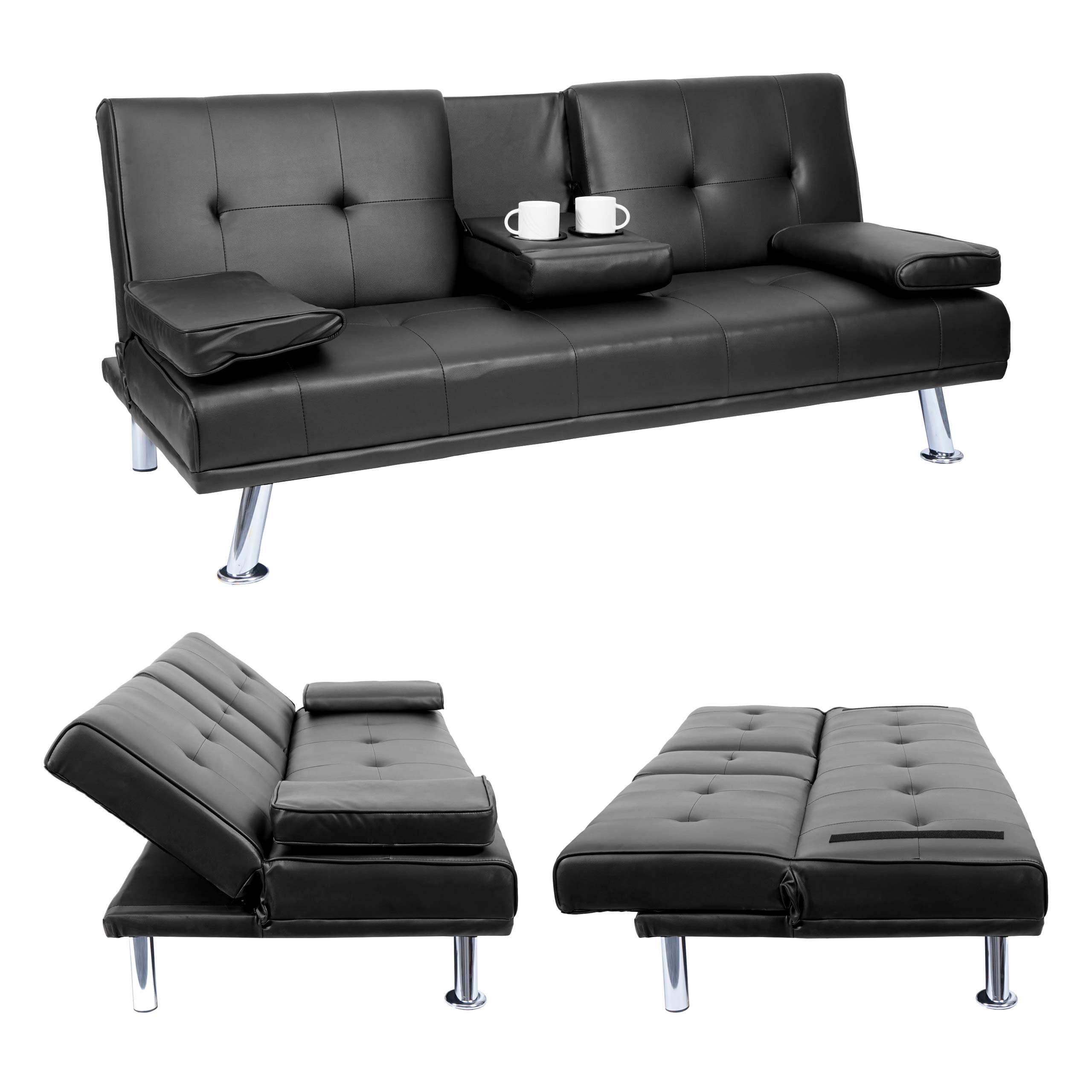 3er-Sofa MCW-F60, Couch Schlafsofa G&auml;stebett, Tassenhalter verstellbar 97x166cm ~ Kunstleder, schwarz 