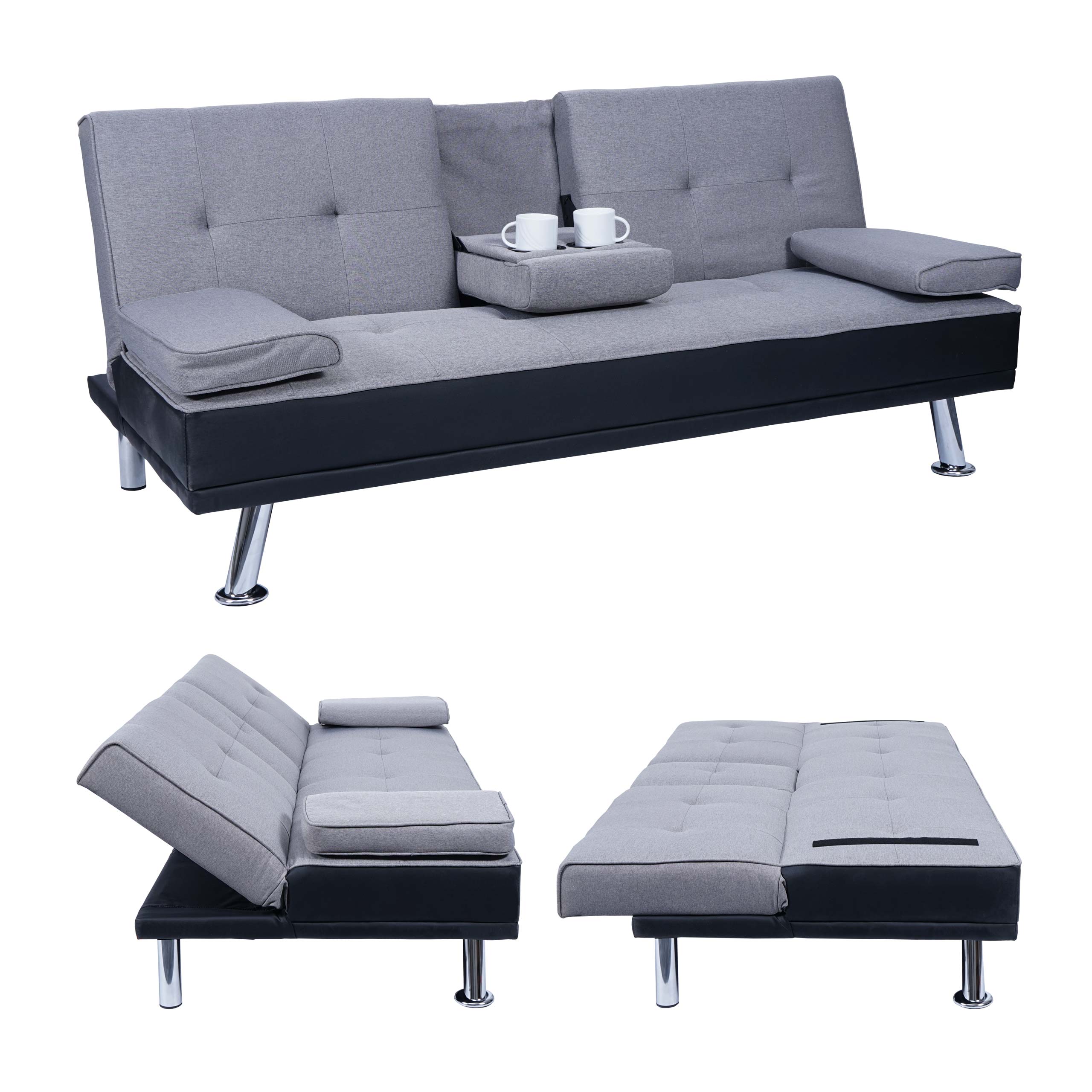 3er-Sofa MCW-F60, Couch Schlafsofa G&auml;stebett, Tassenhalter verstellbar 97x166cm ~ Kunstleder/Textil, schwarz/hellgrau 