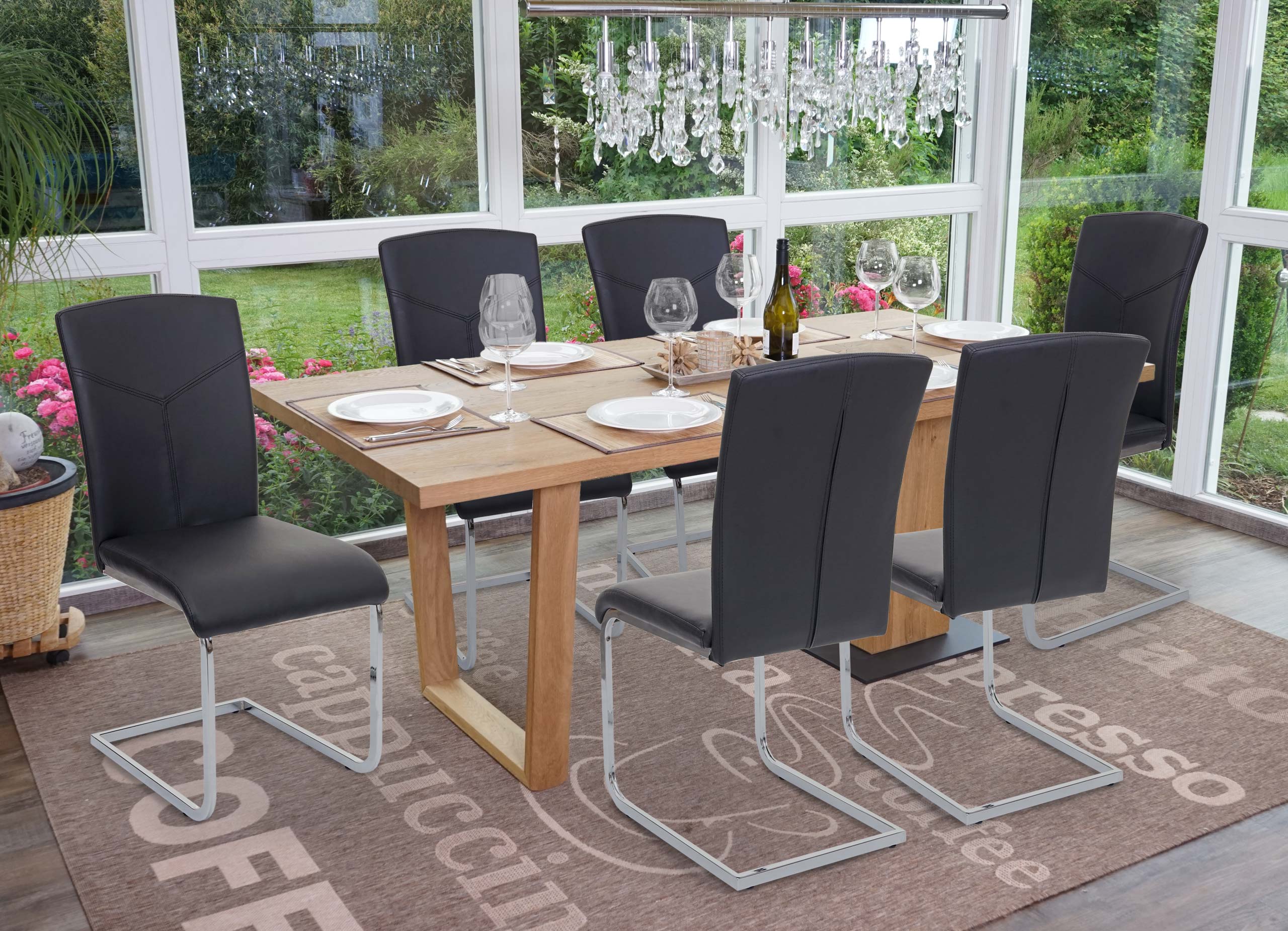 6er-Set Esszimmerstuhl MCW-F36, Freischwinger K&uuml;chenstuhl Konferenzstuhl ~ Kunstleder, schwarz 