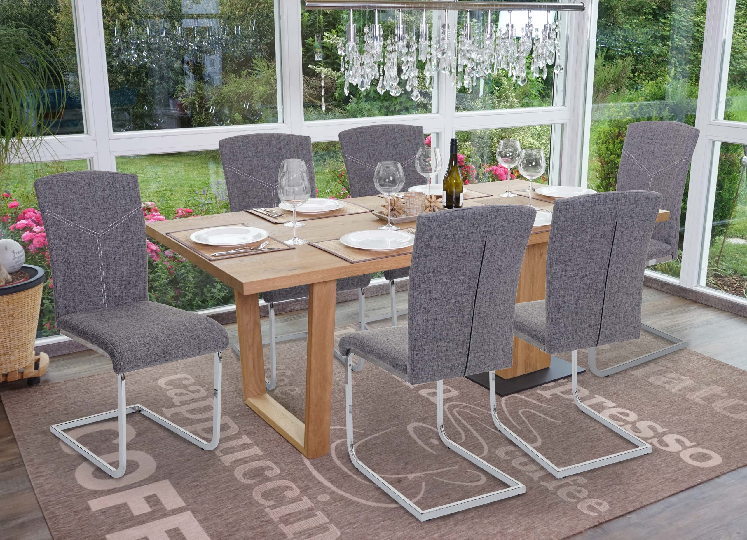 6er-Set Esszimmerstuhl MCW-F36, Freischwinger K&uuml;chenstuhl Konferenzstuhl ~ Stoff/Textil, grau 