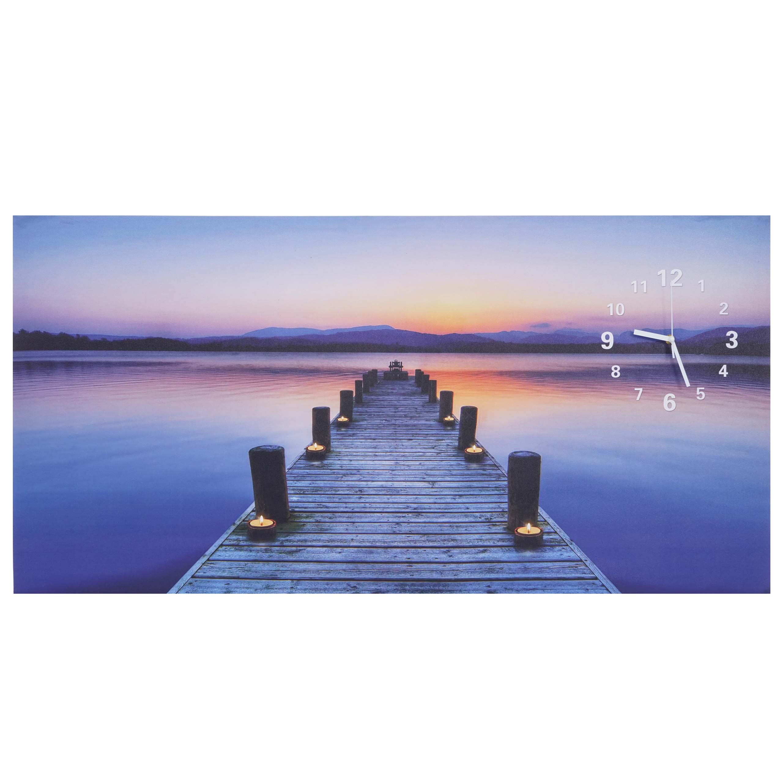 LED-Bild, Leuchtbild Leinwandbild Wandbild, Timer Steg flackernd Wanduhr 110x55cm 