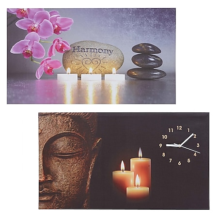 2er-Set LED-Bild, Leuchtbild Leinwandbild Wandbild, Timer Buddha/Harmony Wanduhr 70x40cm 