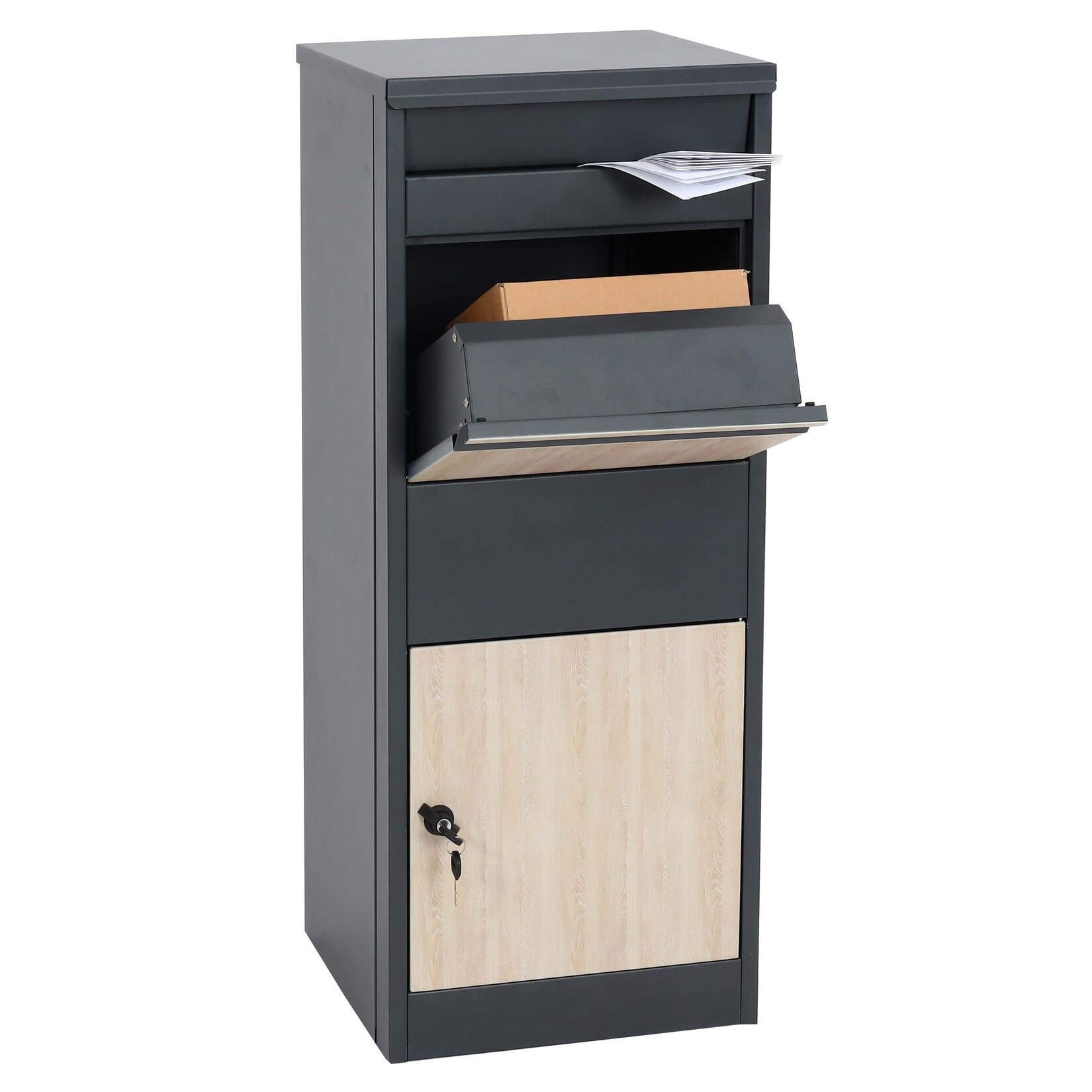 Paketkasten -G80, Paketbox Standbriefkasten Briefkasten Größe L ~ verzinkt anthrazit, Holzoptik hell