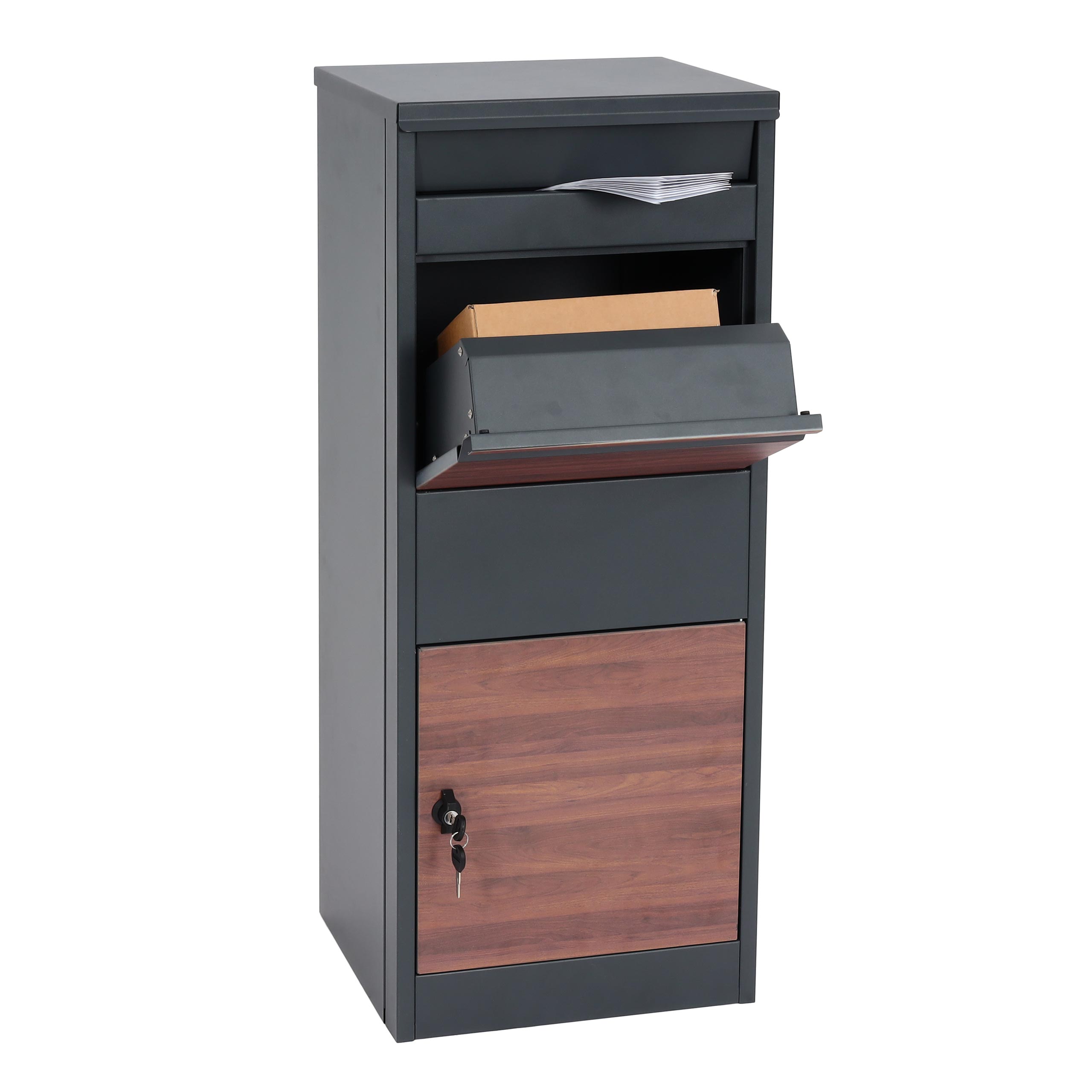 Paketkasten MCW-G80, Paketbox Standbriefkasten Briefkasten Gr&ouml;&szlig;e L ~ verzinkt anthrazit, Holzoptik dunkel 