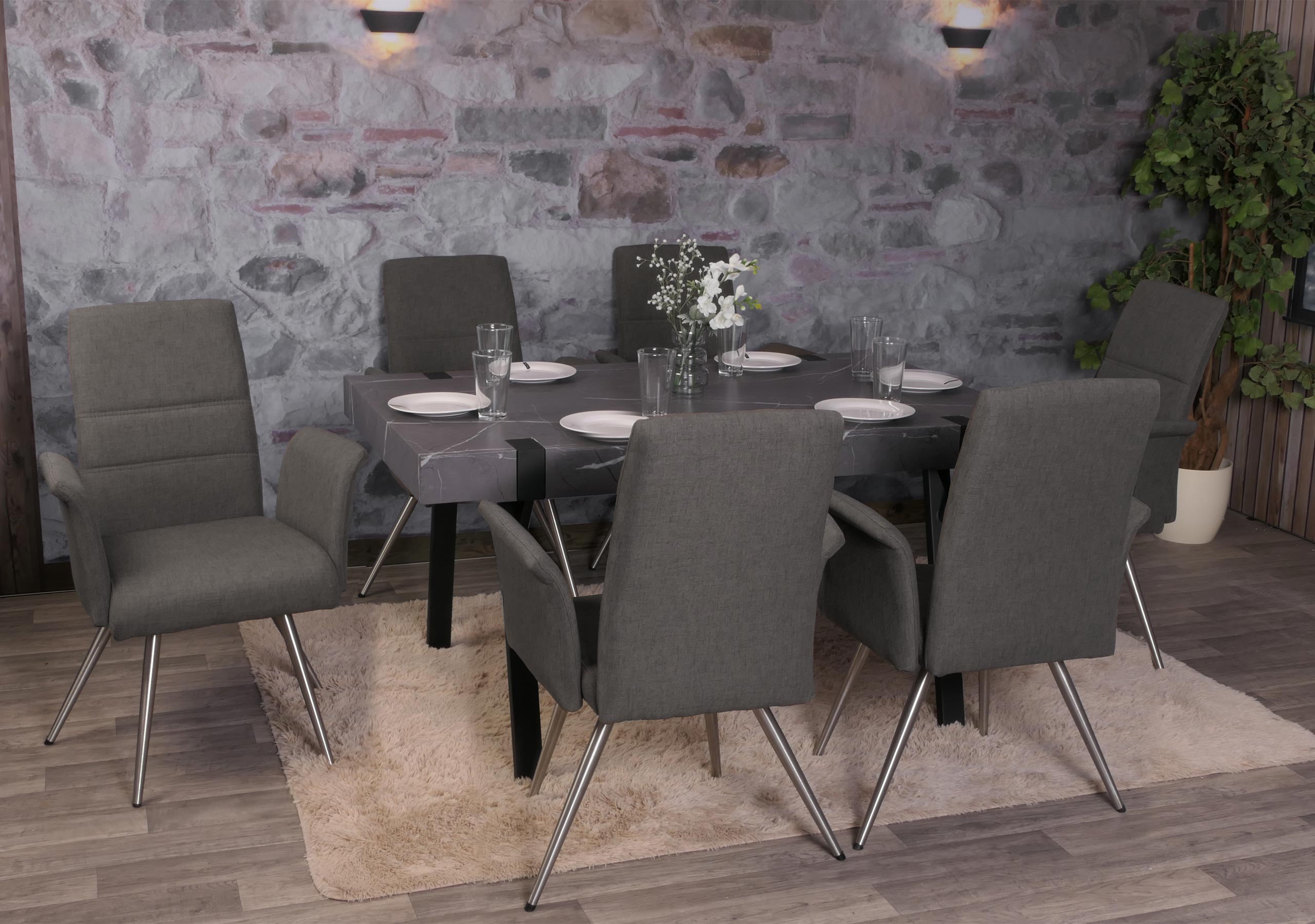 6er-Set Esszimmerstuhl MCW-G55, K&uuml;chenstuhl Stuhl mit Armlehne, Stoff/Textil Edelstahl geb&uuml;rstet ~ grau-braun 