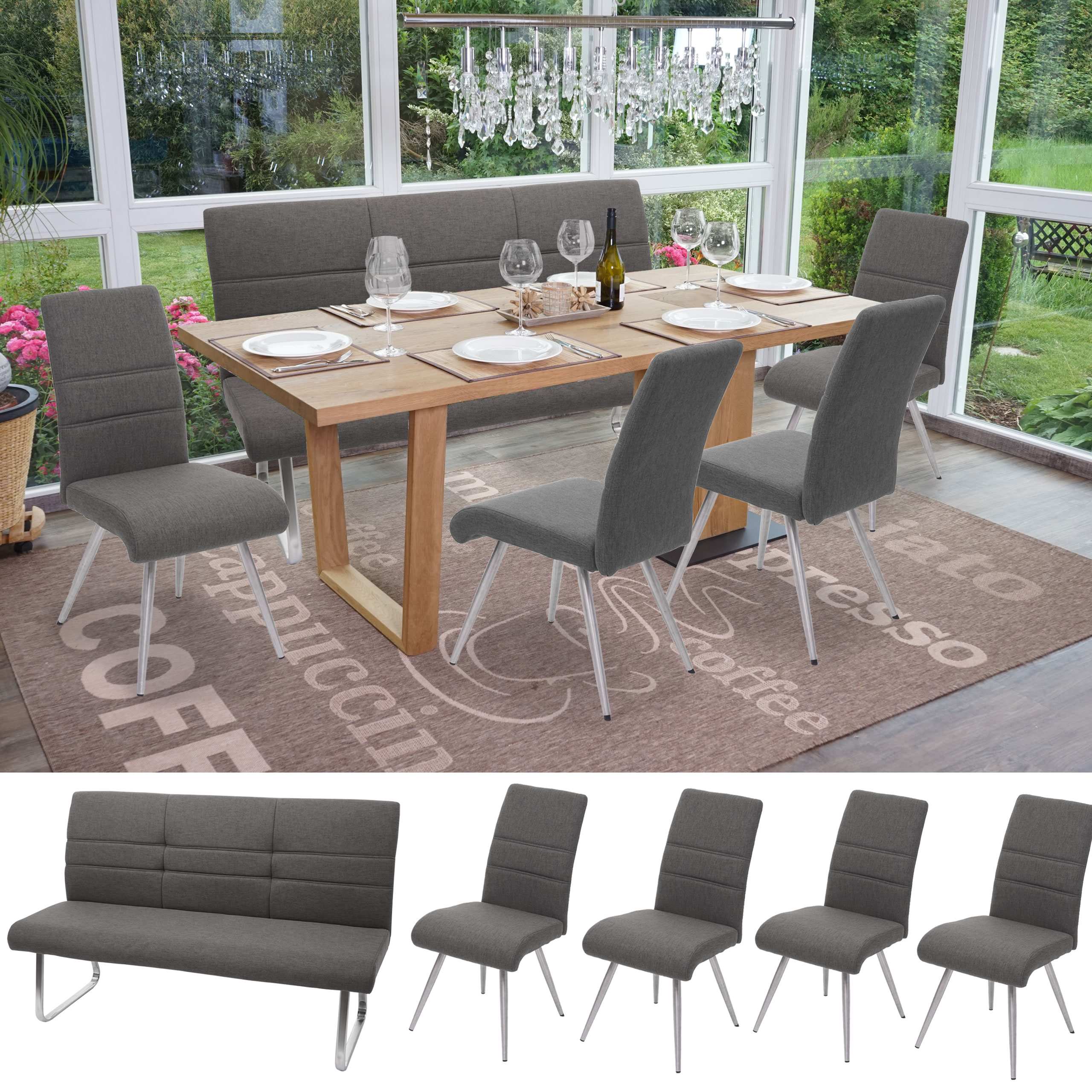 Set 4x Esszimmerstuhl+Sitzbank MCW-G55, Bank K&uuml;chenstuhl Stuhl, Stoff/Textil Edelstahl ~ grau-braun Bank 160cm 