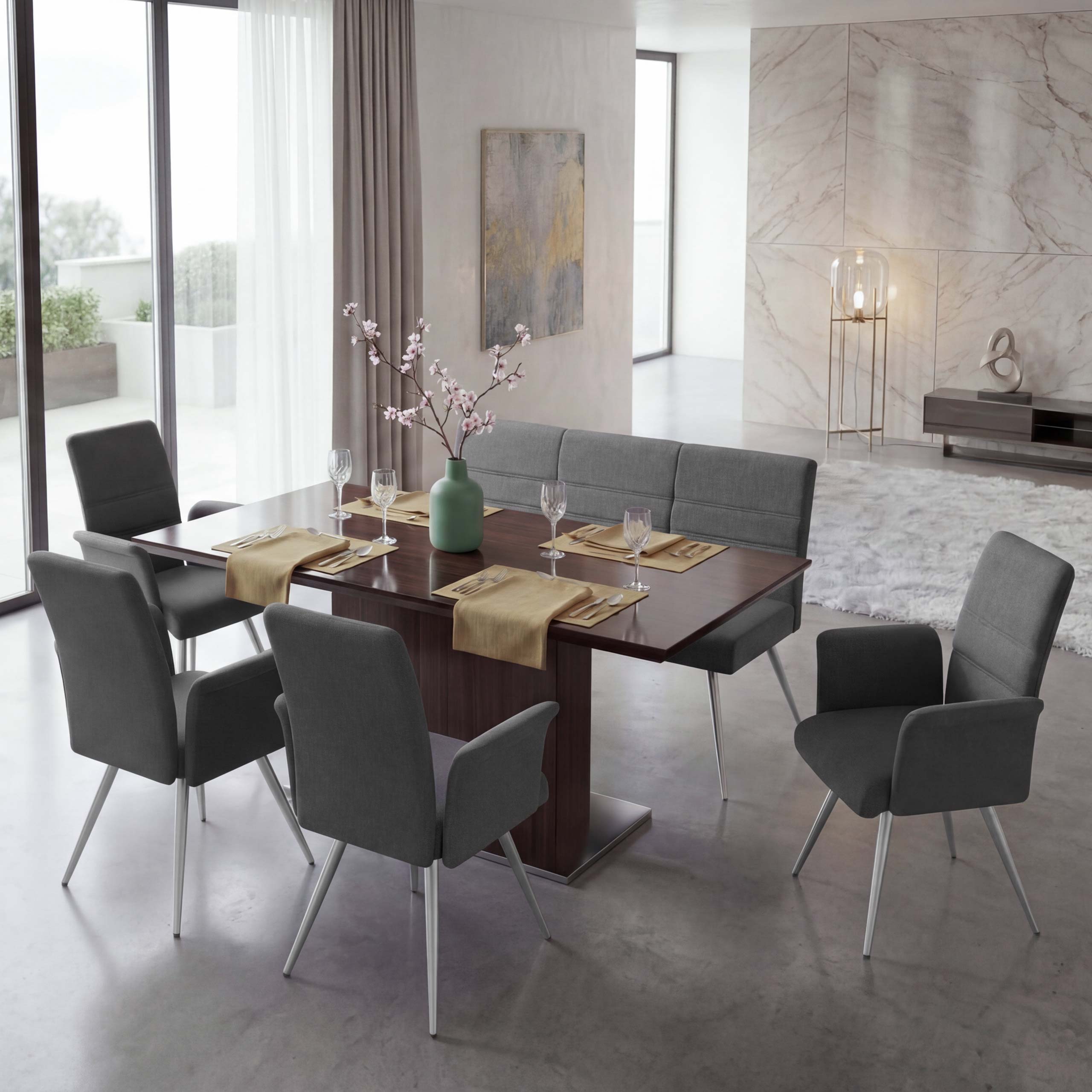 Set 4x Esszimmerstuhl+Sitzbank MCW-G55, Bank K&uuml;chenstuhl Stuhl+Armlehne, Stoff/Textil Edelstahl ~ grau-braun Bank 160cm 