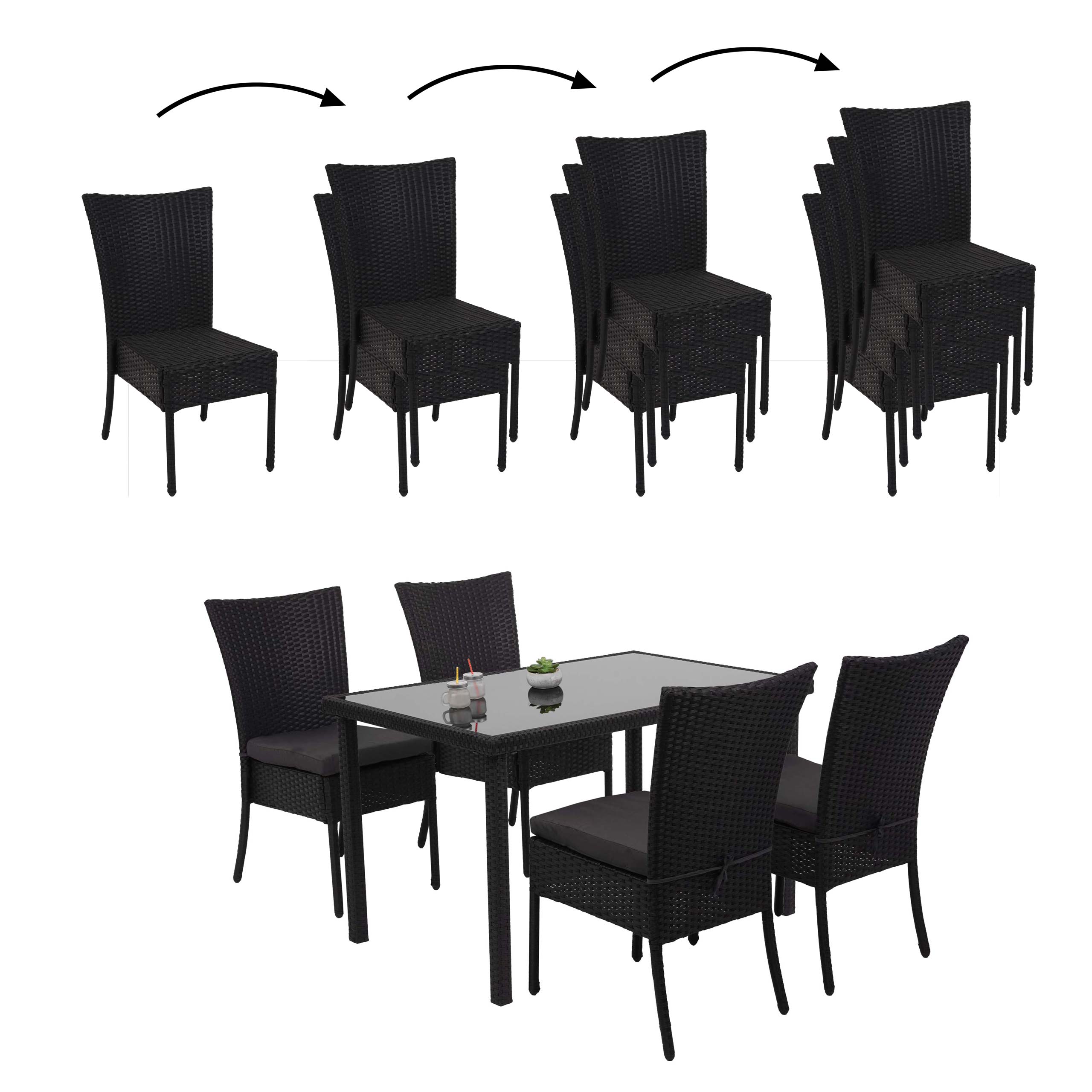 Poly-Rattan Garnitur MCW-G19, Sitzgruppe Balkon-/Lounge-Set, 4xStuhl+Tisch, 120x75cm ~ schwarz, Kissen dunkelgrau 