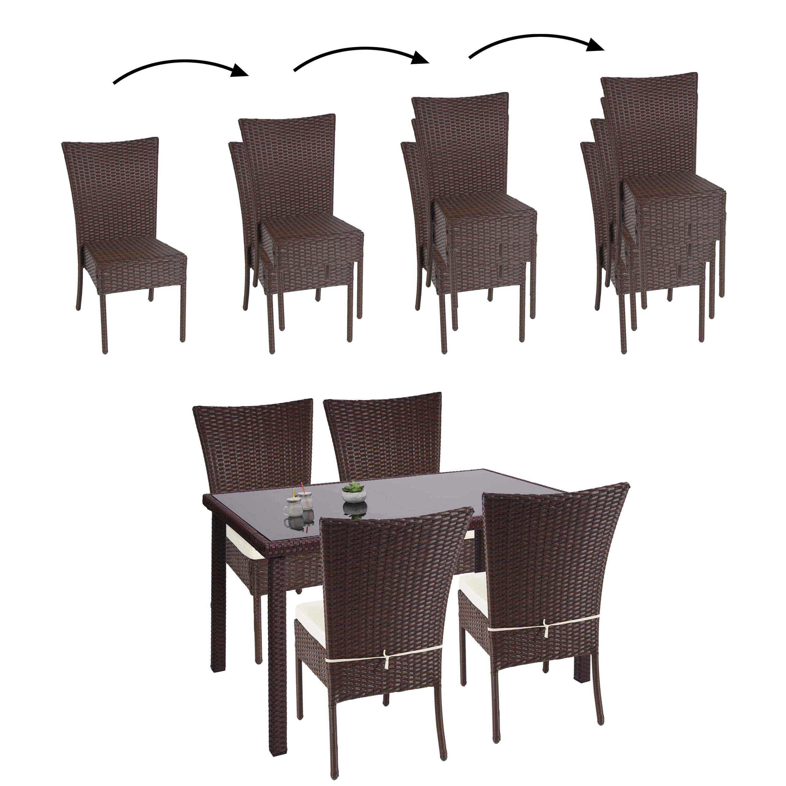 Poly-Rattan Garnitur MCW-G19, Sitzgruppe Balkon-/Lounge-Set, 4xStuhl+Tisch, 120x75cm ~ braun, Kissen creme 
