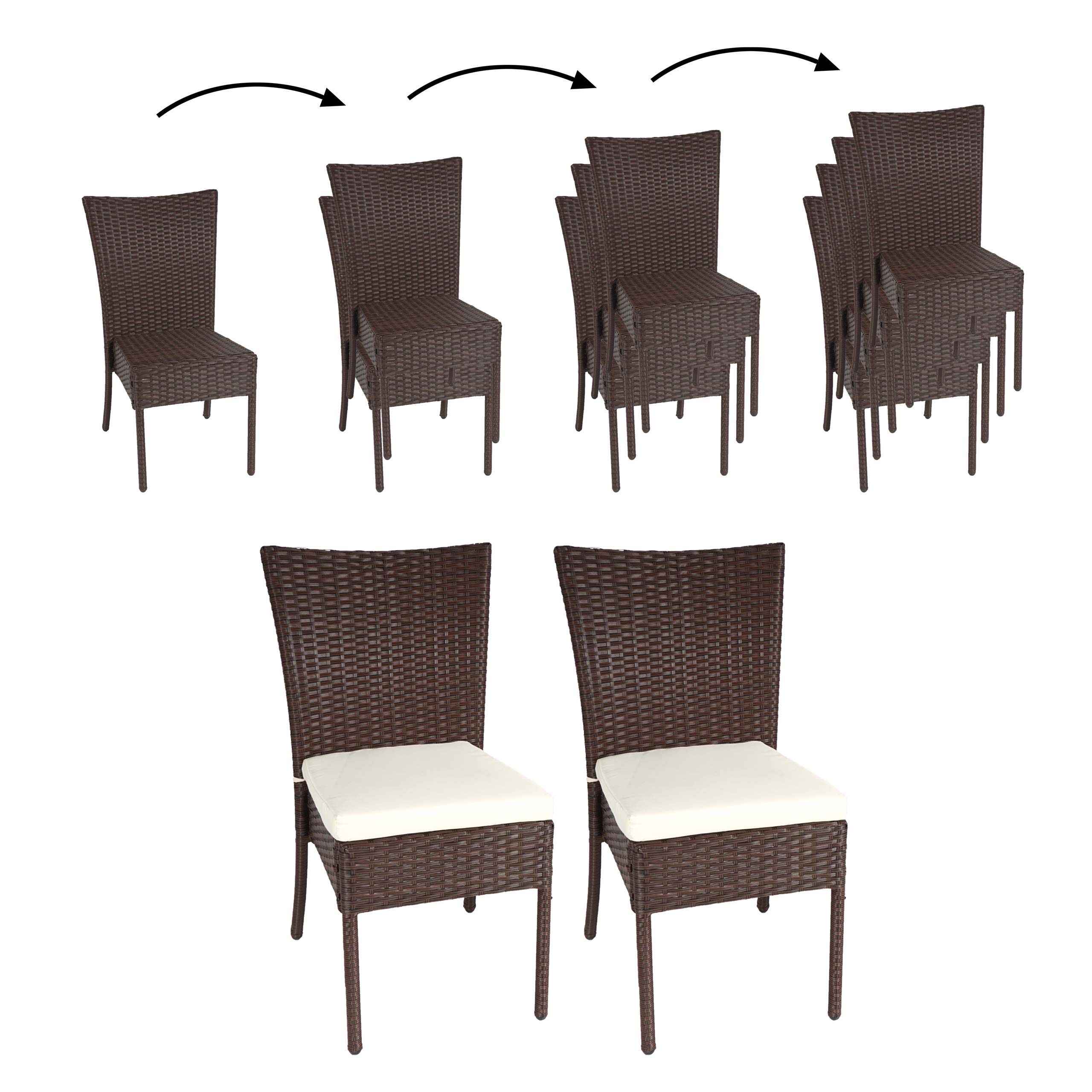 2er-Set Poly-Rattan Stuhl MCW-G19, Balkonstuhl Gartenstuhl, stapelbar ~ braun, Kissen creme 