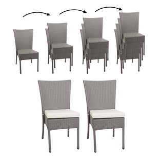 2er-Set Poly-Rattan Stuhl MCW-G19, Balkonstuhl Gartenstuhl, stapelbar ~ grau, Kissen creme 