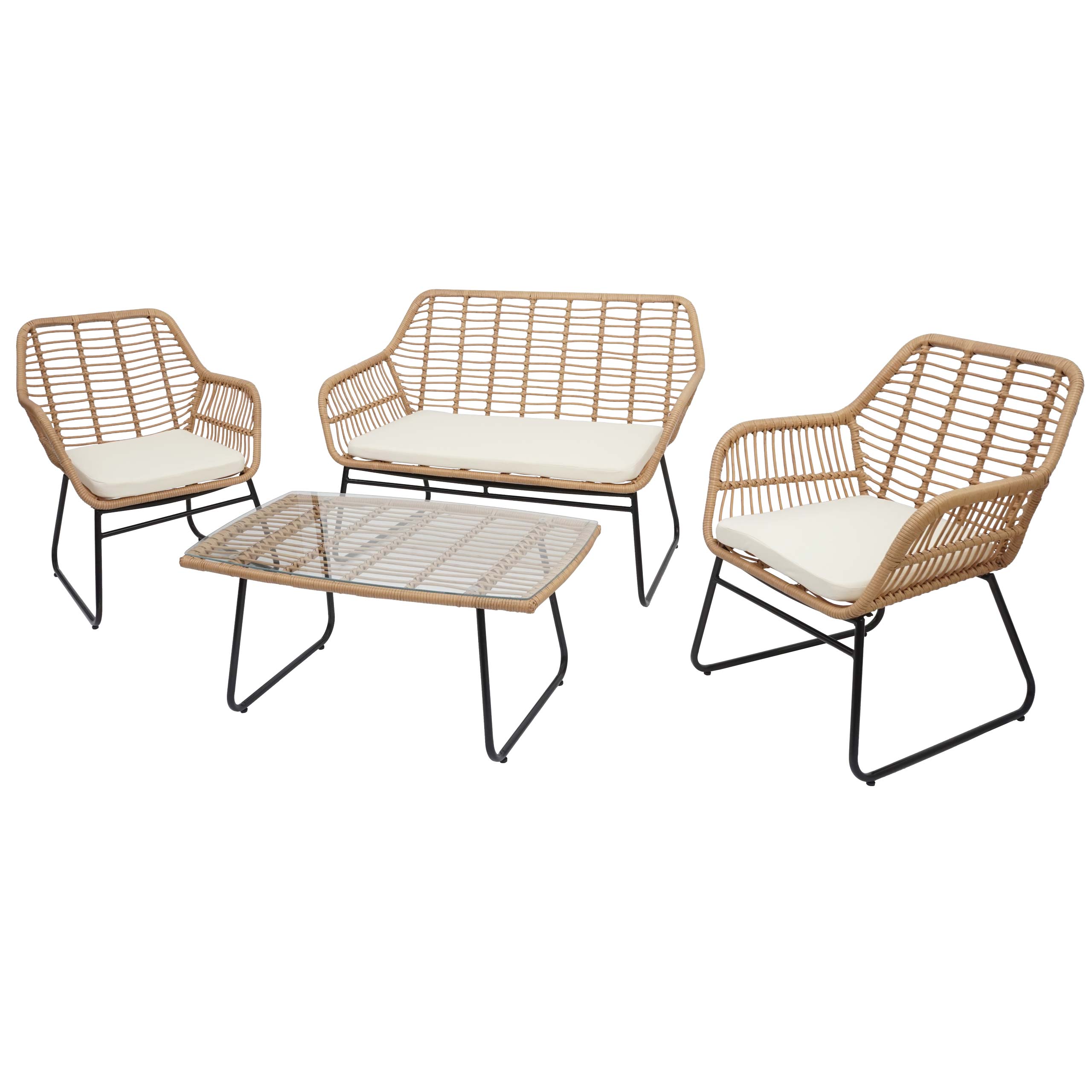 Polyrattan Garnitur MCW-G17a, Garten Sofa Set Sitzgruppe Stuhl, Seil ~ naturfarben, Polster creme ohne Dekokissen 