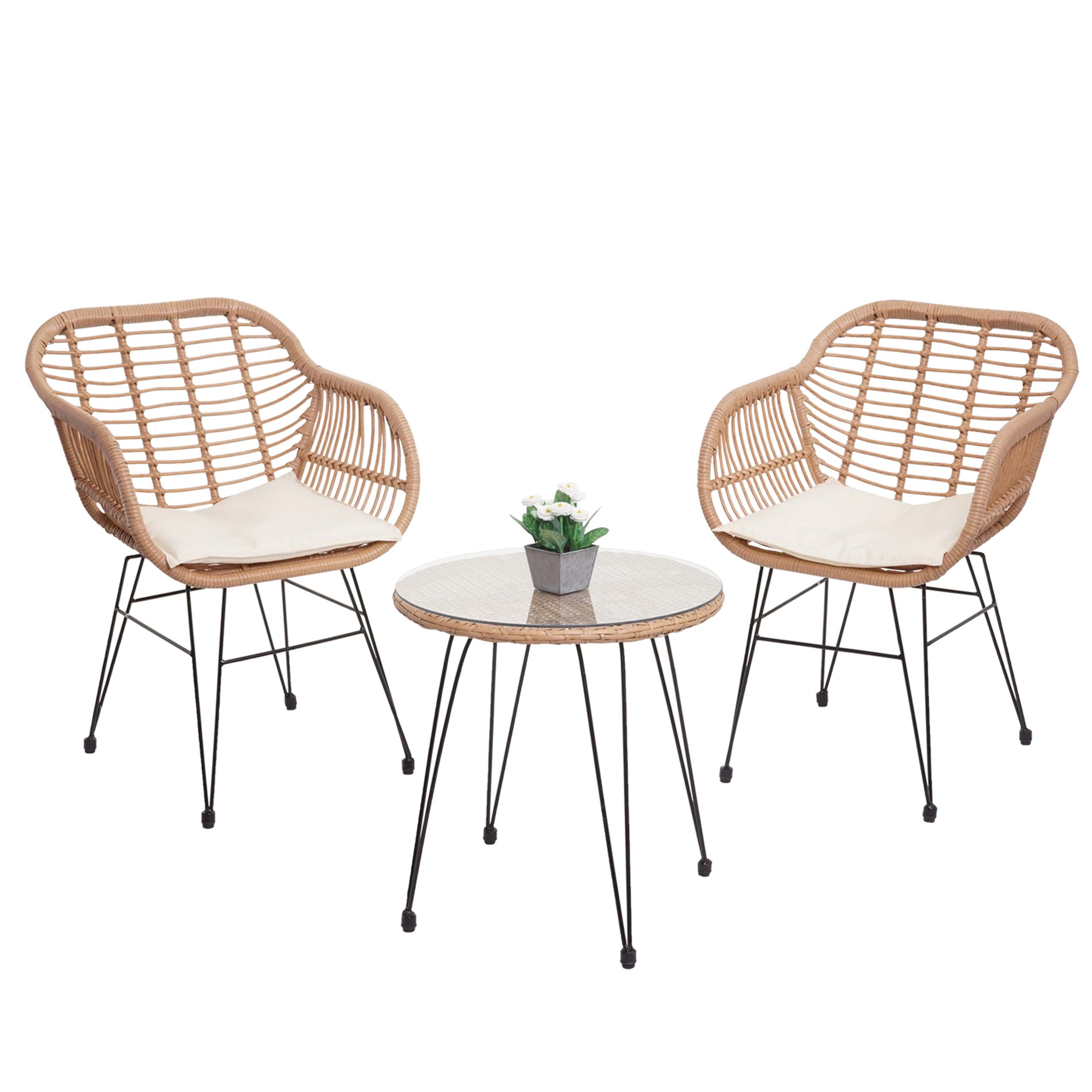 Poly-Rattan Garnitur MCW-G17, Balkon-Set Gartengarnitur Sitzgruppe Stuhl, Seil ~ naturfarben, Kissen creme 