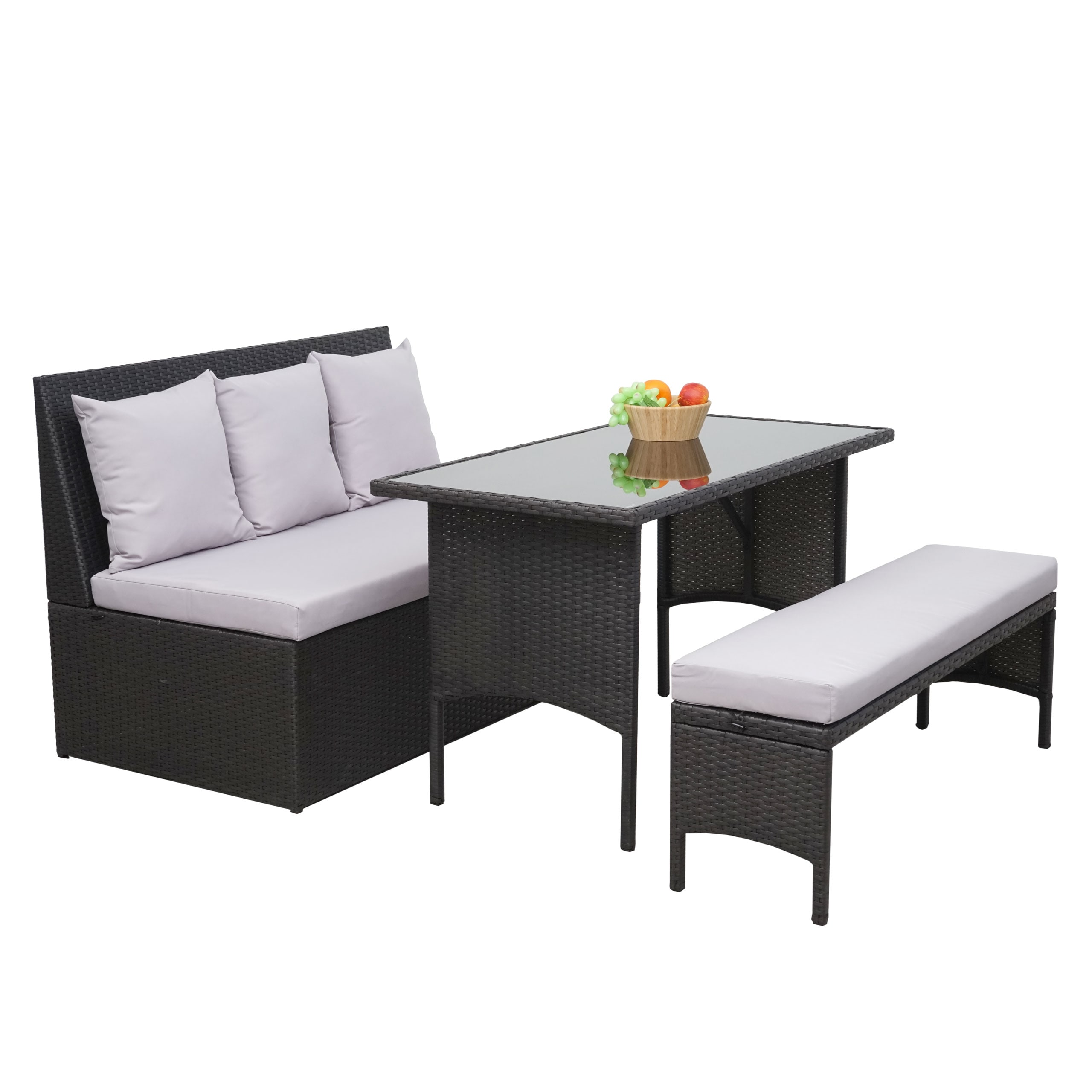 Poly-Rattan Garnitur MCW-G16, Garten-/Lounge-Set Sitzgruppe, Gastronomie 2er Sofa Tisch Bank ~ schwarz, Kissen hellgrau 