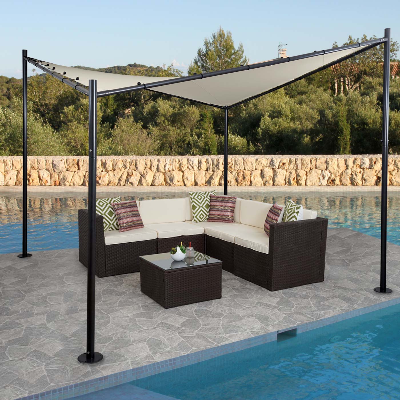 Pergola MCW-F85, Garten Pavillon Sonnensegel, stabiles Stahl-Gestell ~ 3x3m creme 