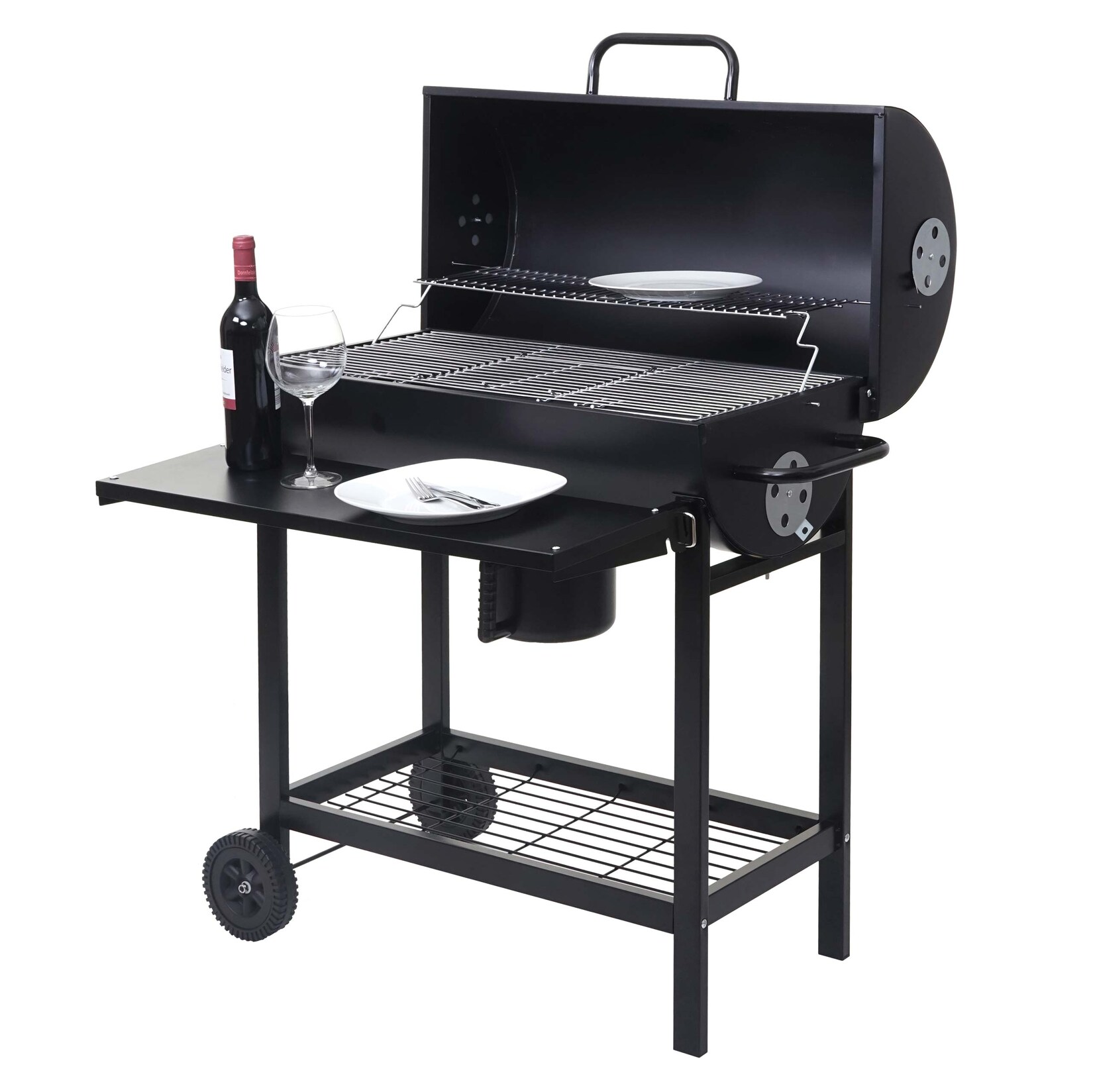 Grillwagen -F70, Holzkohlegrill Standgrill Gartengrill mit Deckel Ablage, Stahl 103x93x70cm schwarz