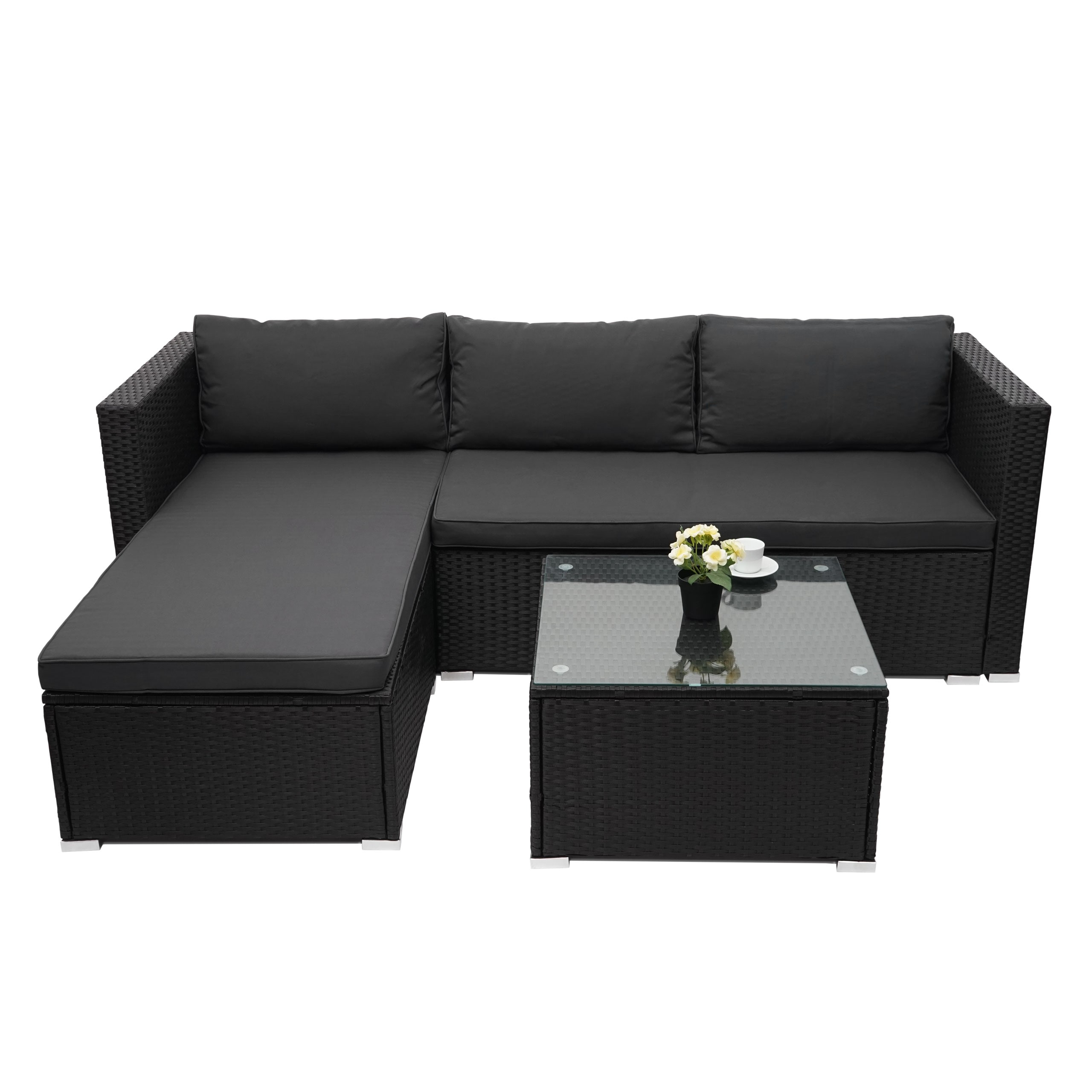 Poly-Rattan Garnitur MCW-F57, Balkon-/Garten-/Lounge-Set Sofa Sitzgruppe ~ schwarz, Kissen dunkelgrau ohne Deko-Kissen 