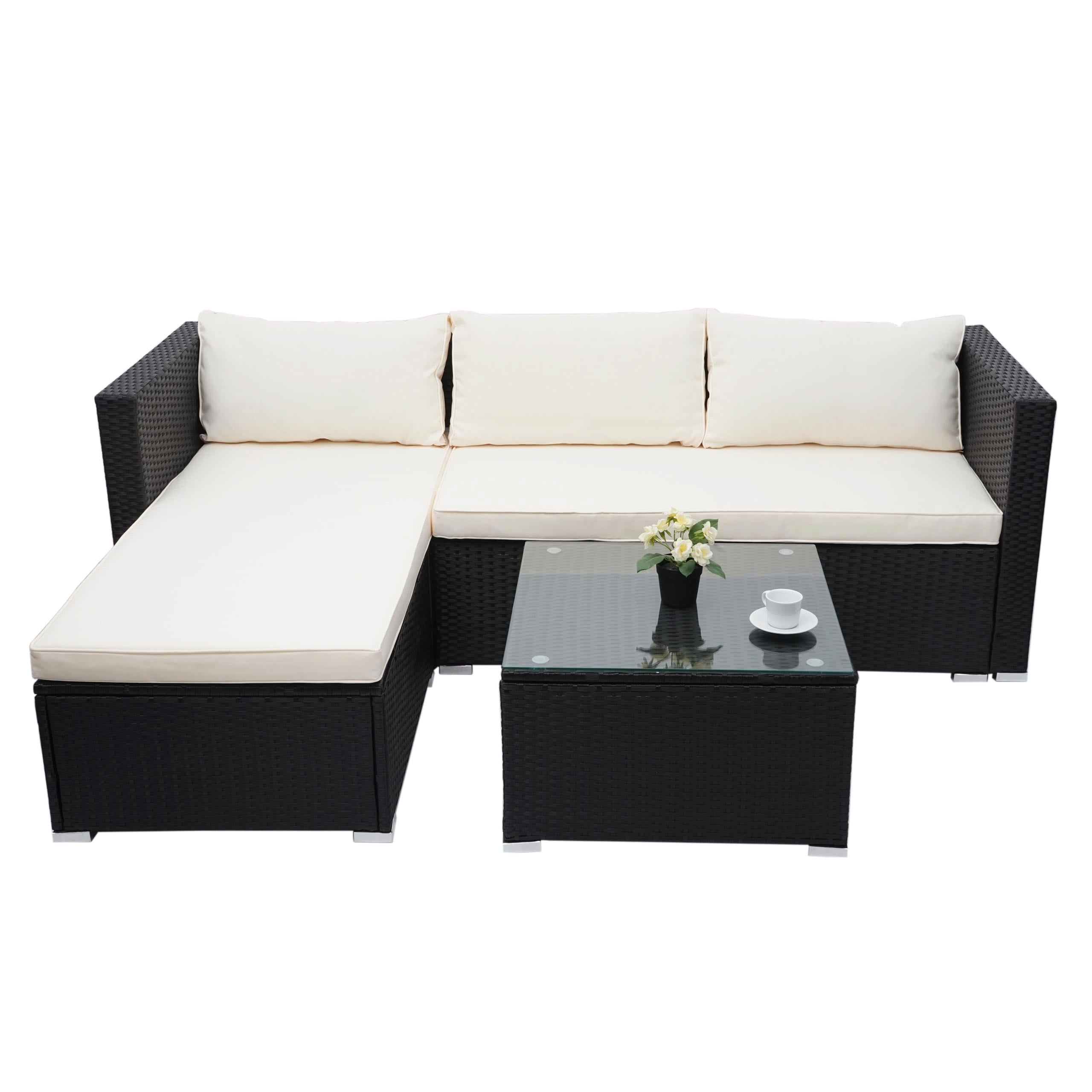 Poly-Rattan Garnitur MCW-F57, Balkon-/Garten-/Lounge-Set Sofa Sitzgruppe ~ schwarz, Kissen creme ohne Deko-Kissen 