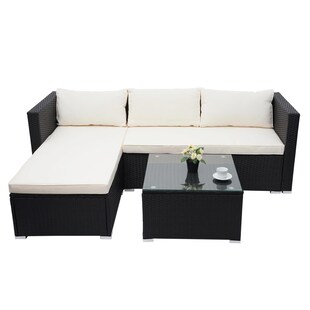 Poly-Rattan Garnitur MCW-F57, Balkon-/Garten-/Lounge-Set Sofa Sitzgruppe ~ schwarz, Kissen creme ohne Deko-Kissen 