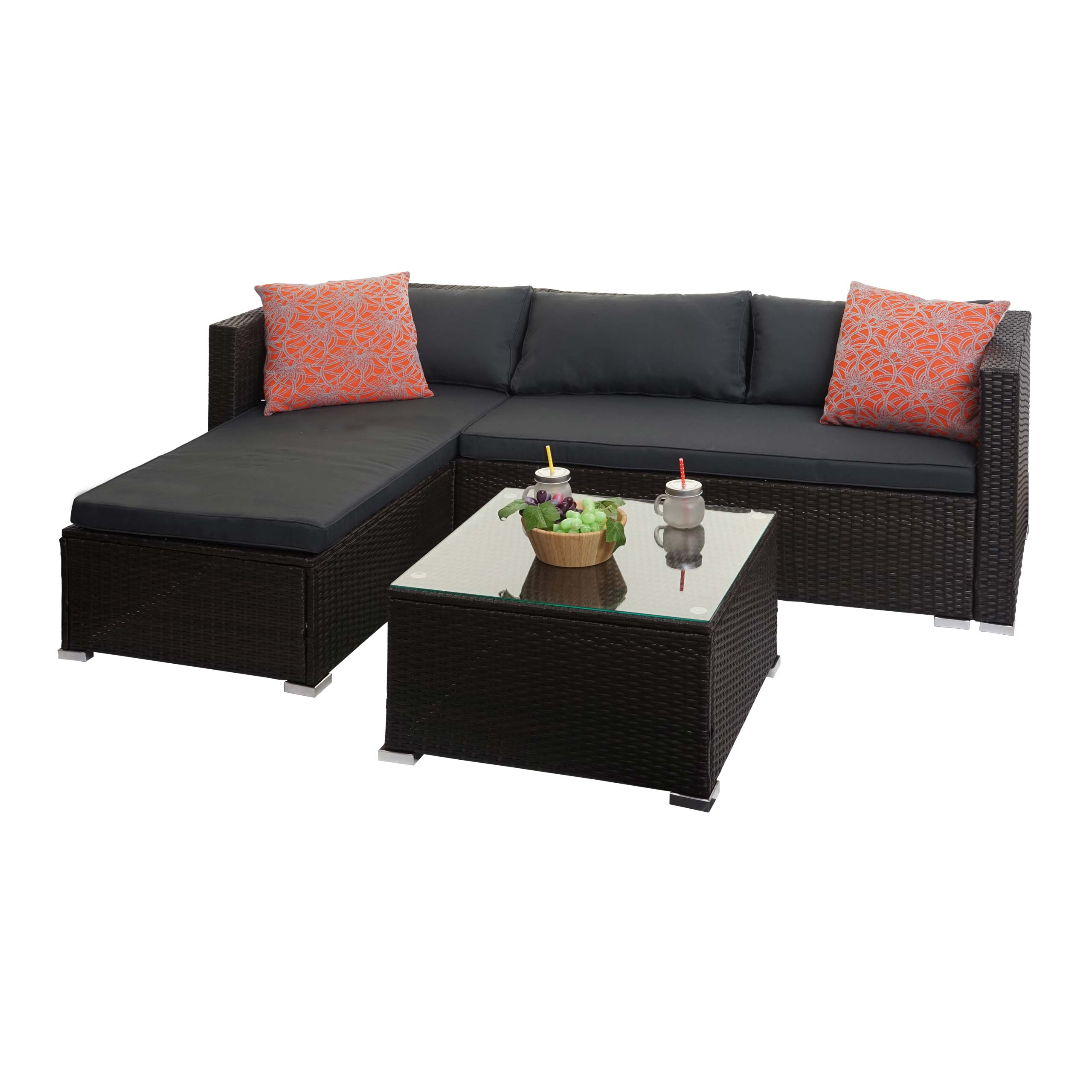 Poly-Rattan Garnitur MCW-F57, Balkon-/Garten-/Lounge-Set Sofa Sitzgruppe ~ braun, Kissen dunkelgrau mit Deko-Kissen 